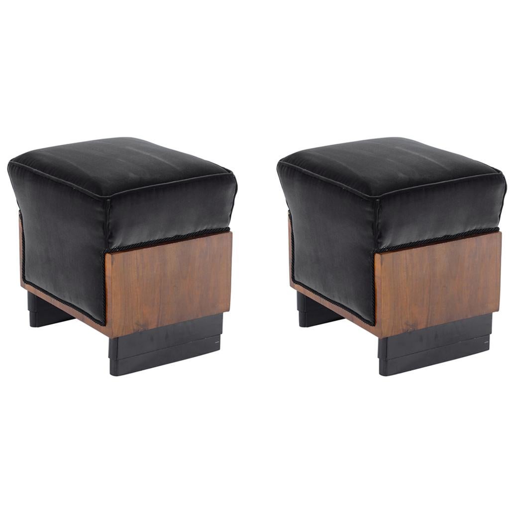 Pair of Art Deco Italian Stools Black Velvet, 1930