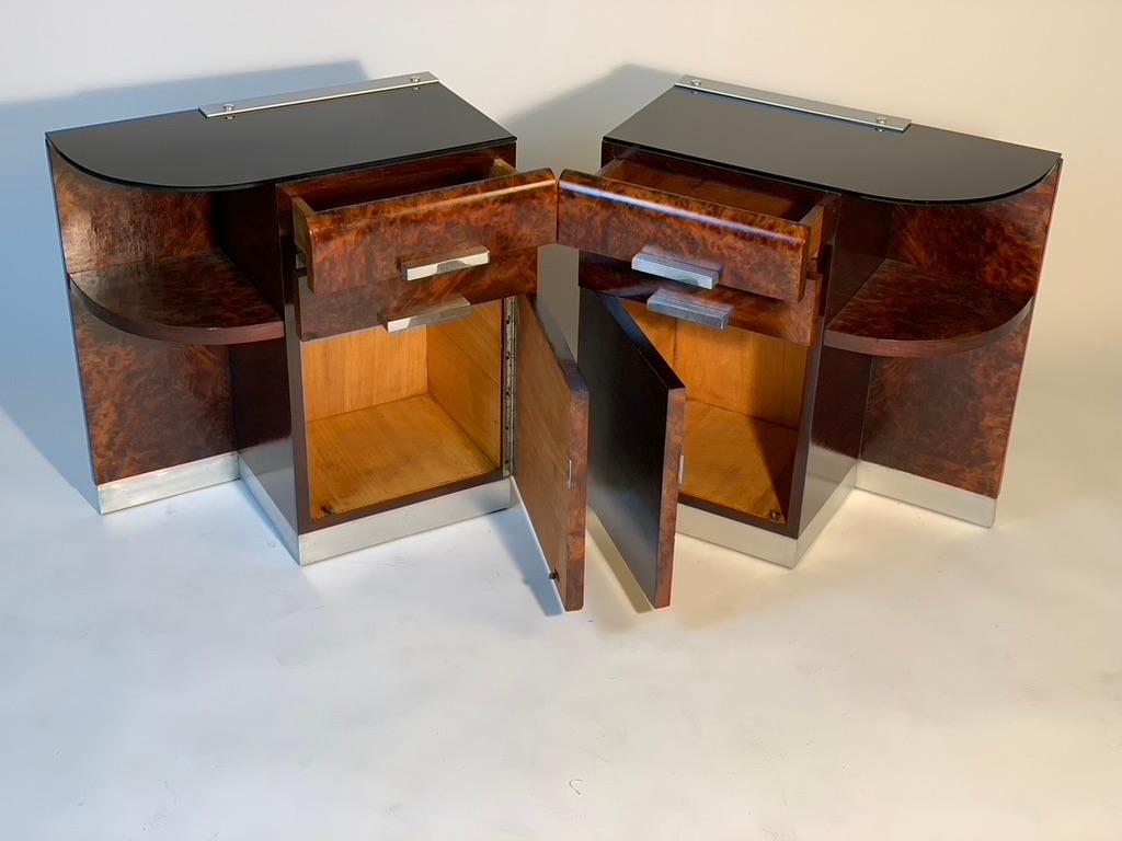 Pair of Art Deco Italian two Drawers And Door Black Glass Top Night Stand For Sale 6