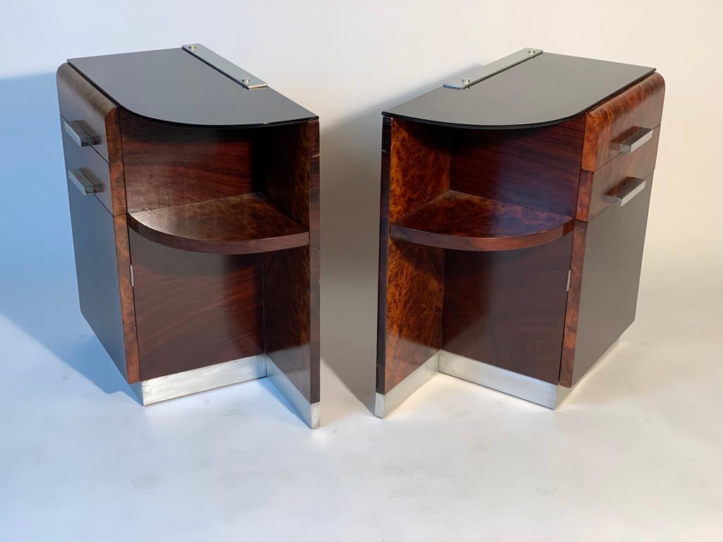 Pair of Art Deco Italian two Drawers And Door Black Glass Top Night Stand For Sale 7