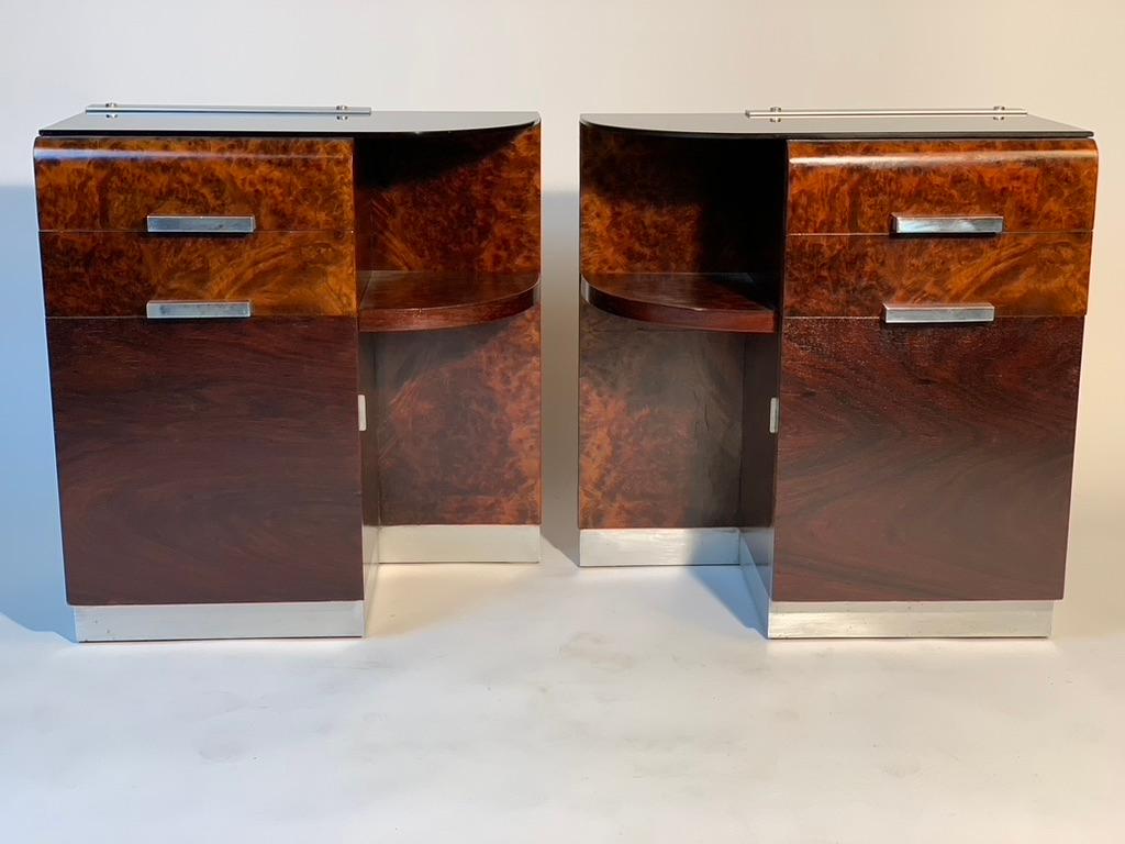 Pair of Art Deco Italian two Drawers And Door Black Glass Top Night Stand In Good Condition For Sale In Firenze, Toscana