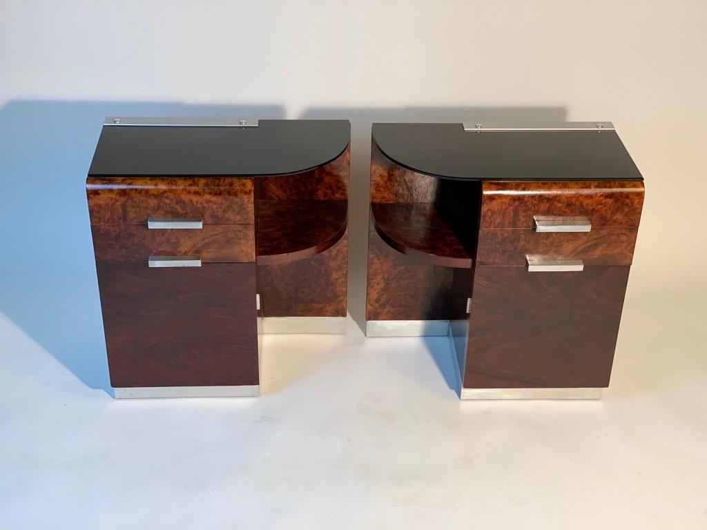 Mid-20th Century Pair of Art Deco Italian two Drawers And Door Black Glass Top Night Stand For Sale