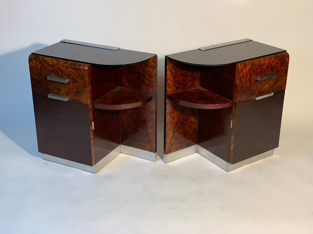 Pair of Art Deco Italian two Drawers And Door Black Glass Top Night Stand For Sale 1