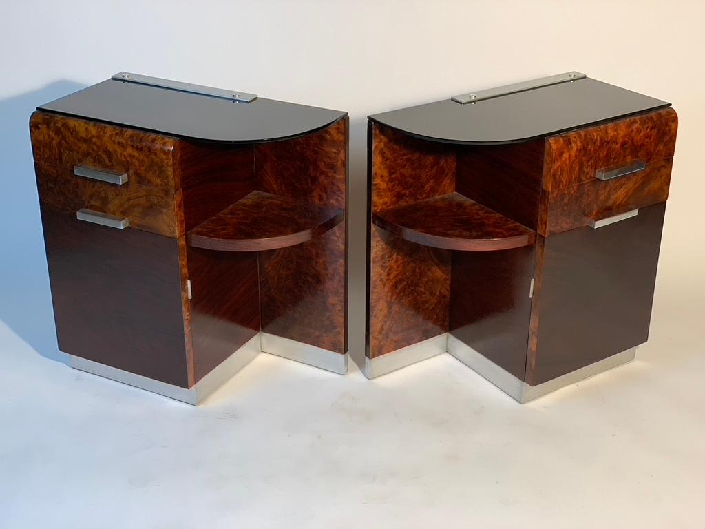 Pair of Art Deco Italian two Drawers And Door Black Glass Top Night Stand For Sale 2