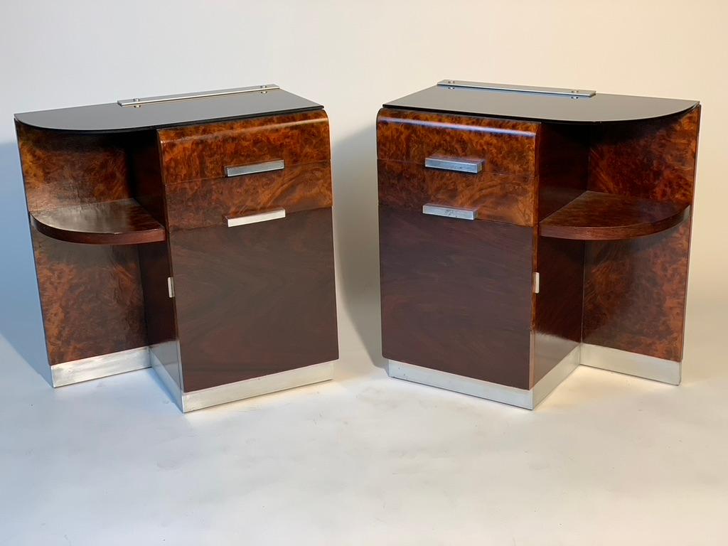 Pair of Art Deco Italian two Drawers And Door Black Glass Top Night Stand For Sale 5