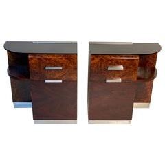 Pair of Art Deco Italian two Drawers And Door Black Glass Top Night Stand