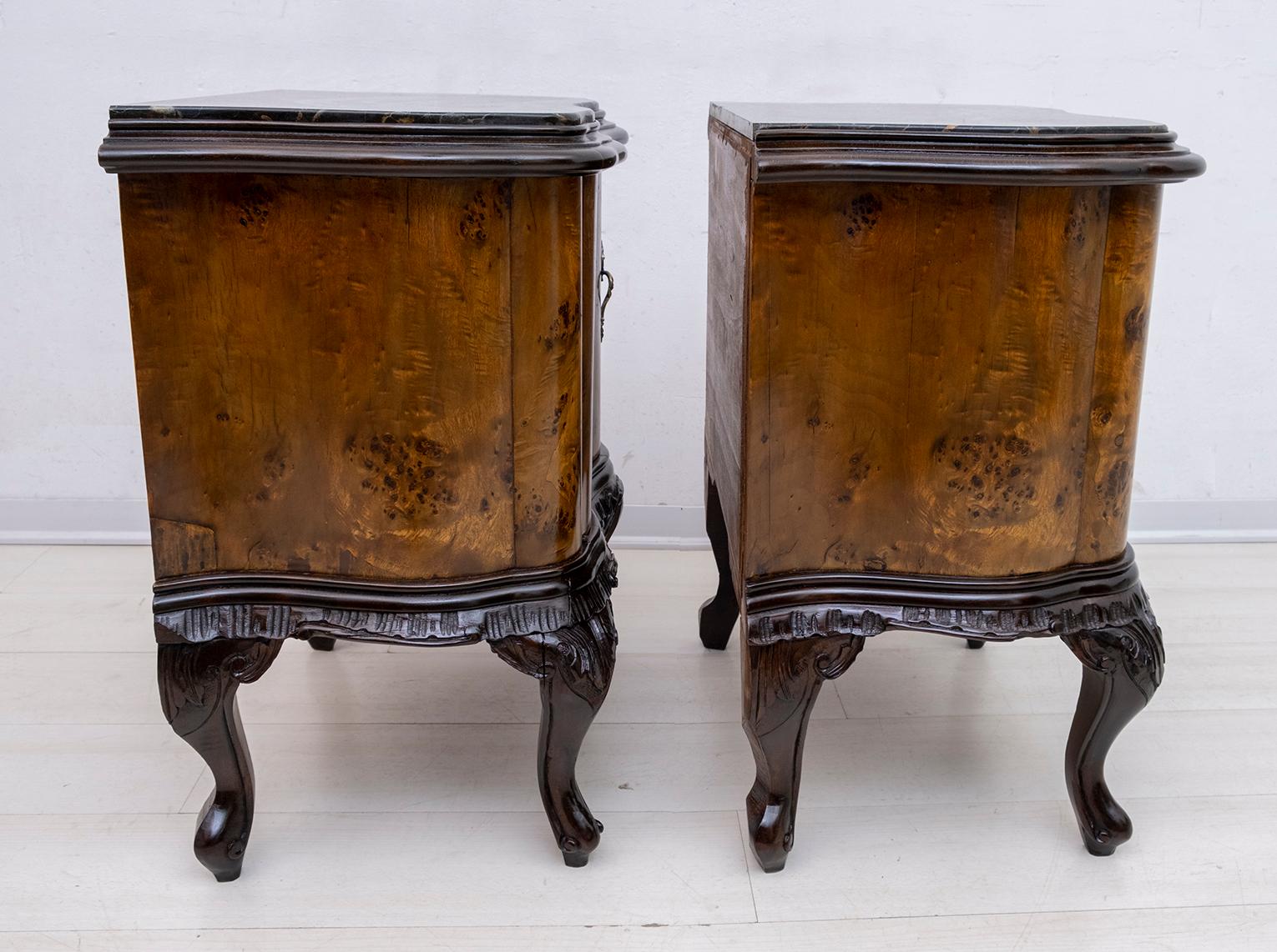 Early 20th Century Pair of Art Deco Italian Walnut and Black Marquinia Marble Bedside Tables, 1920s