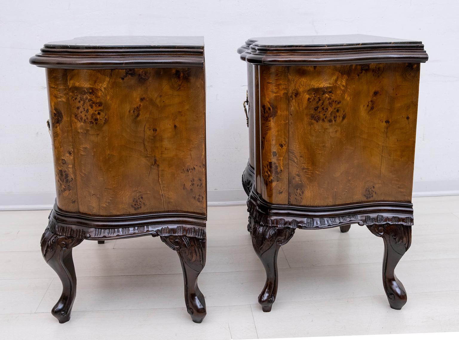 Pair of Art Deco Italian Walnut and Black Marquinia Marble Bedside Tables, 1920s 1