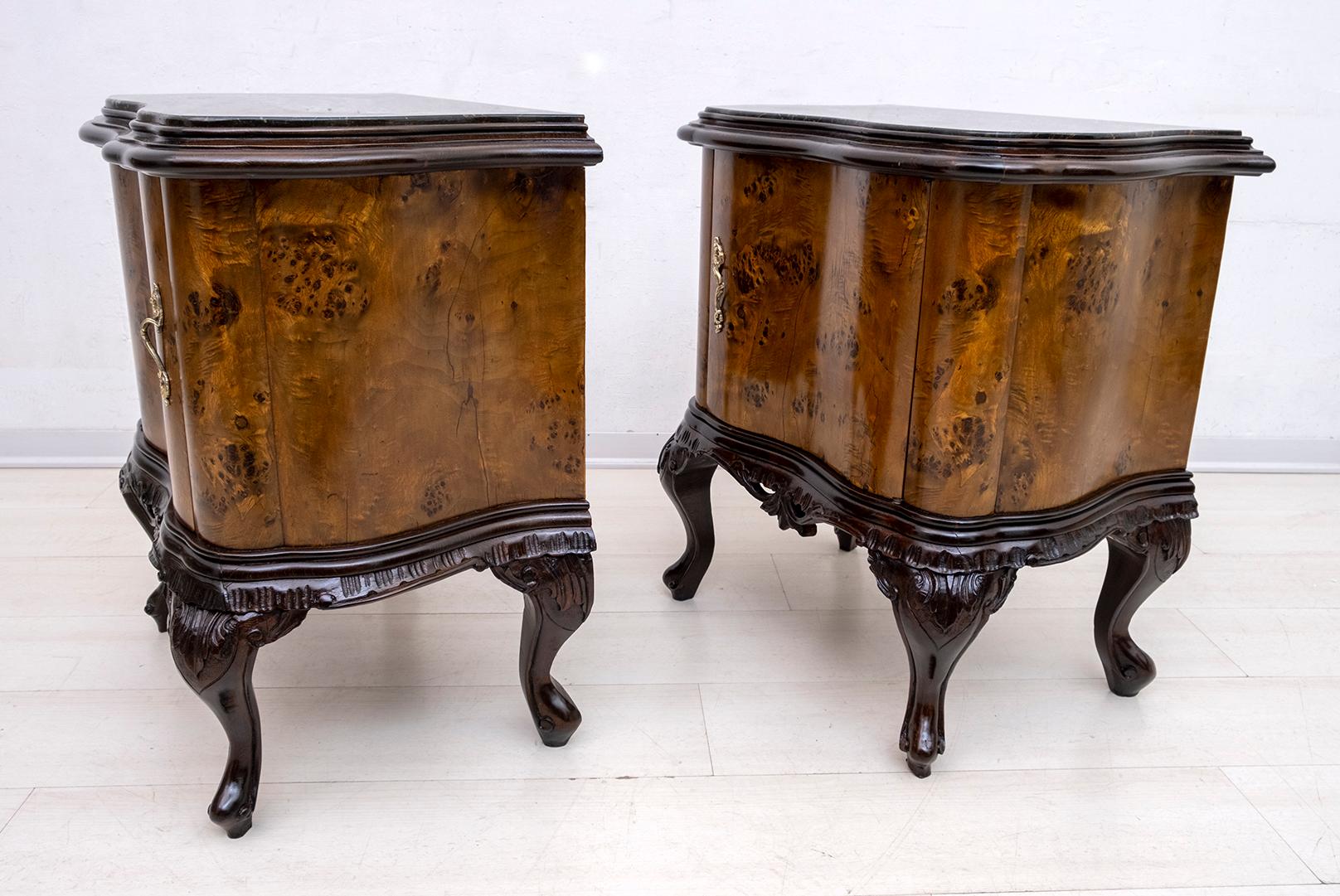 Pair of Art Deco Italian Walnut and Black Marquinia Marble Bedside Tables, 1920s 2