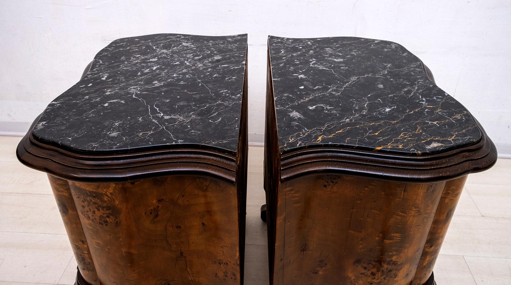 Pair of Art Deco Italian Walnut and Black Marquinia Marble Bedside Tables, 1920s 3