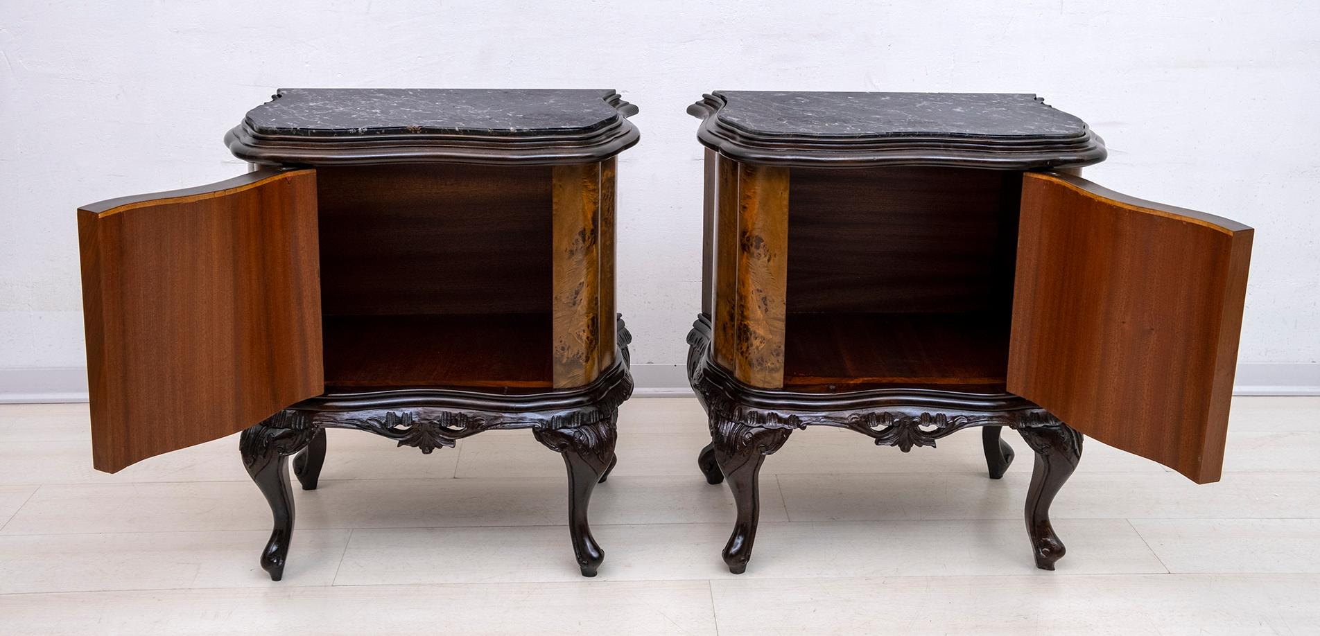 Pair of Art Deco Italian Walnut and Black Marquinia Marble Bedside Tables, 1920s 4