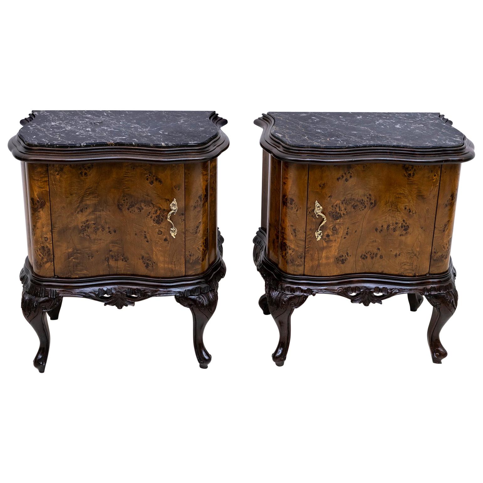 Pair of Art Deco Italian Walnut and Black Marquinia Marble Bedside Tables, 1920s