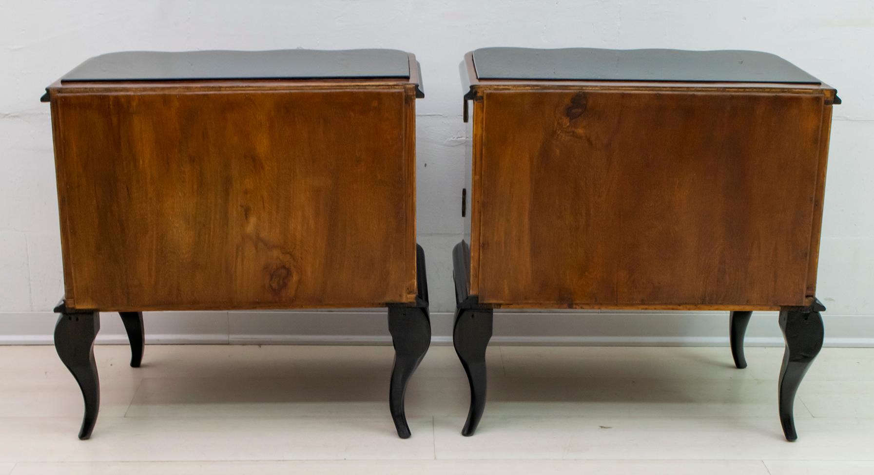 Pair of Art Deco Italian Walnut and Ebonized Wood Bedside Tables, 1920s 10