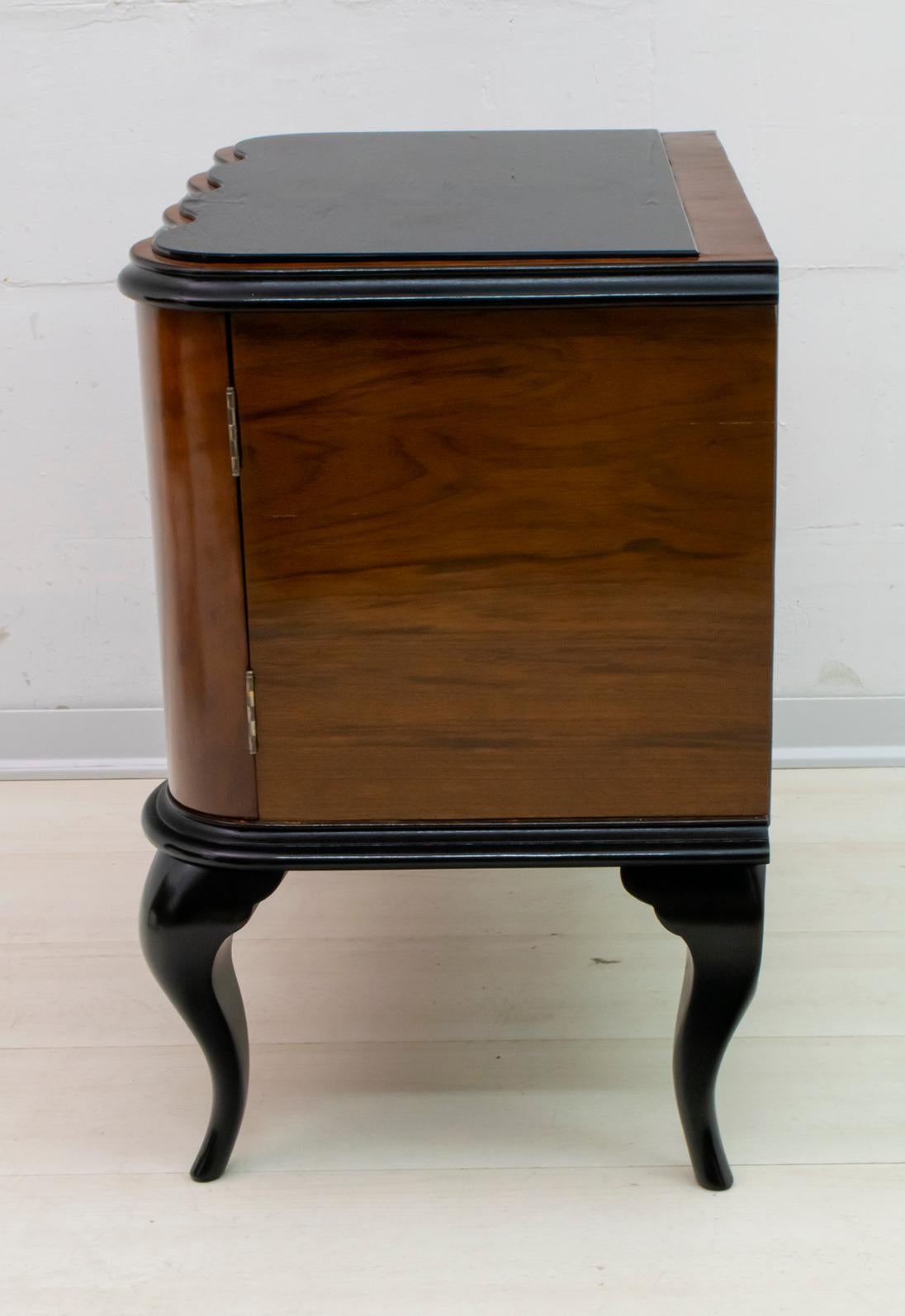 Pair of Art Deco Italian Walnut and Ebonized Wood Bedside Tables, 1920s 3