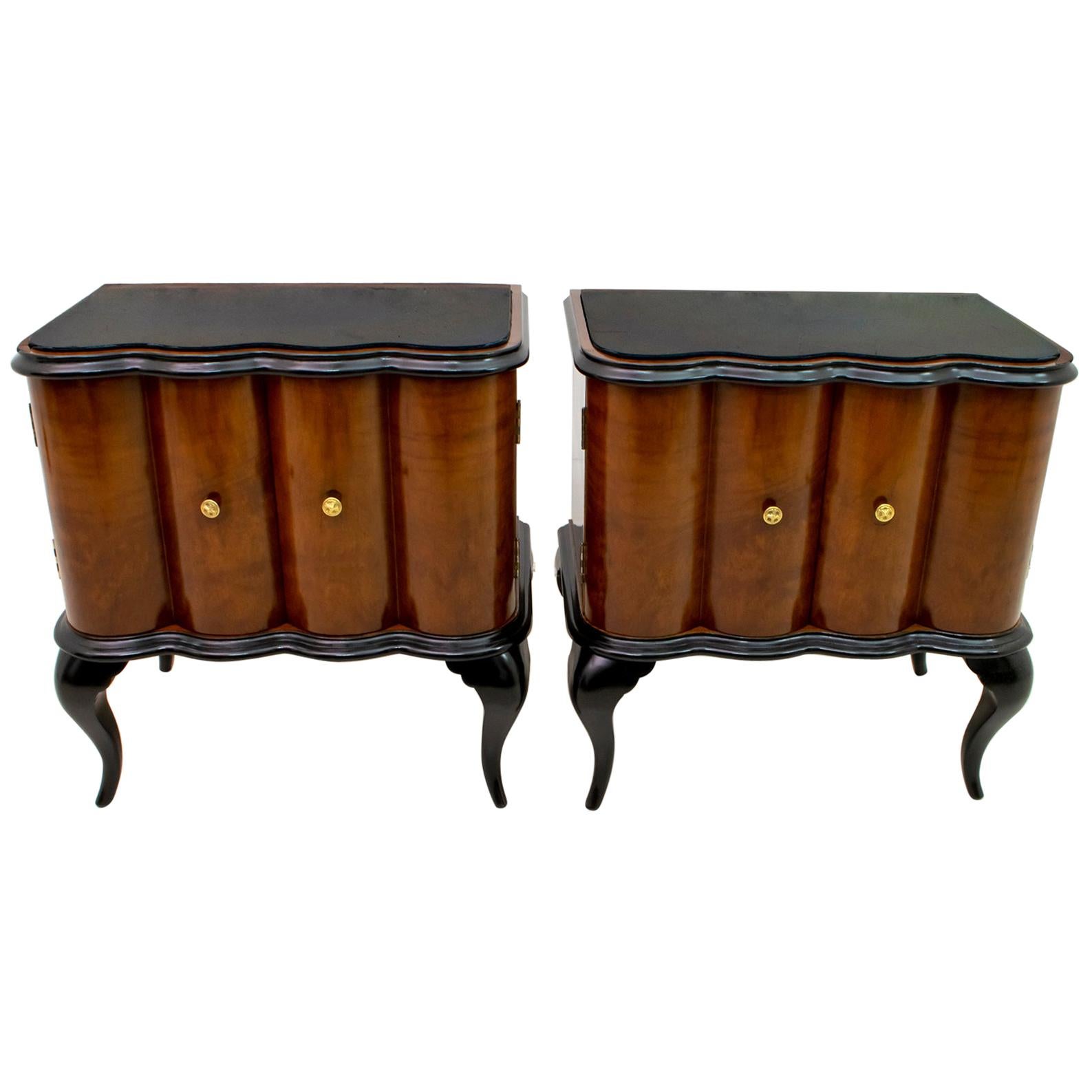 Pair of Art Deco Italian Walnut and Ebonized Wood Bedside Tables, 1920s