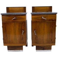 Pair of Art Dèco Italian Walnut and Grafite Gray Marble Bedside Tables, 1920s