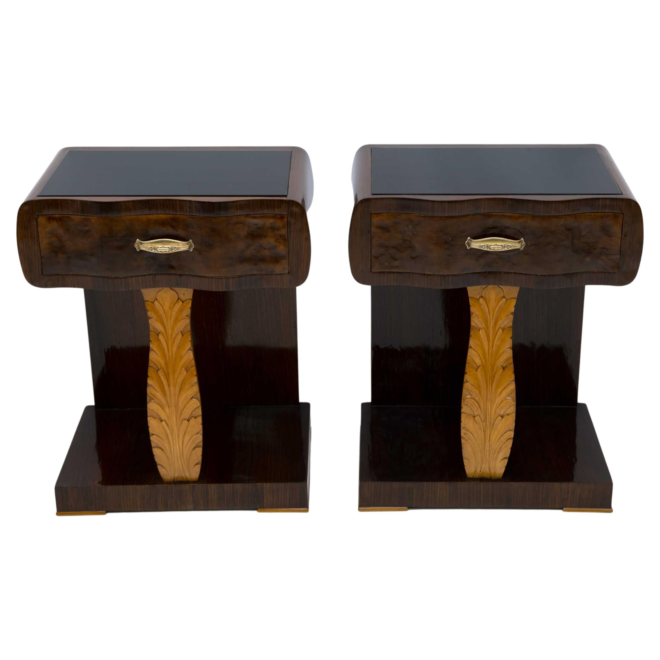 Pair of Art Deco Italian Walnut Briar and Maple Bedside Tables, 1920s For Sale