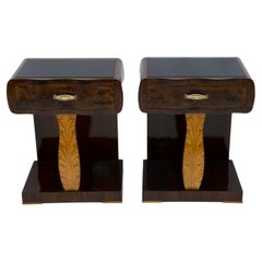 Pair of Art Deco Italian Walnut Briar and Maple Bedside Tables, 1920s