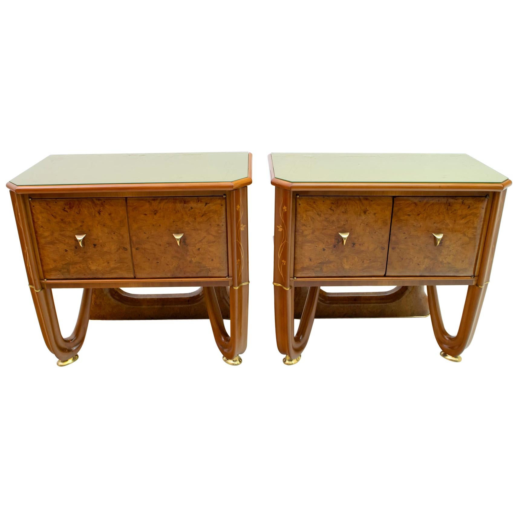 Pair of Art Deco Italian Walnut Wood and Walnut Root Night Stands, 1920s