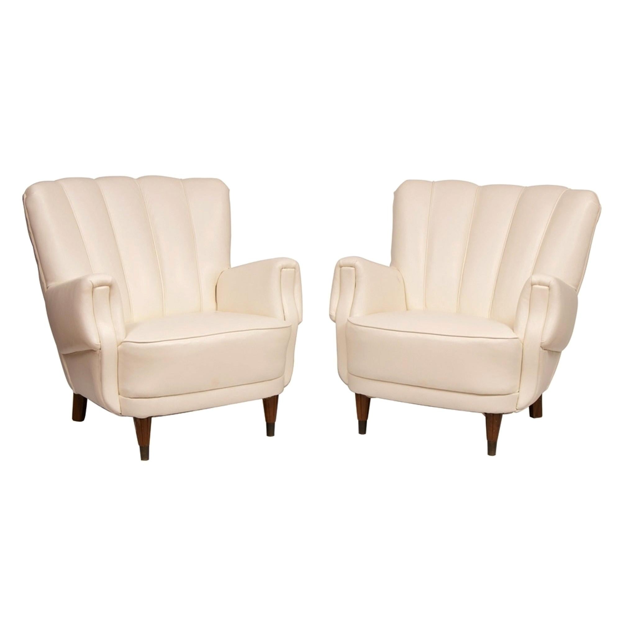 Pair of Art Deco Ivory Leather Armchairs, circa 1930