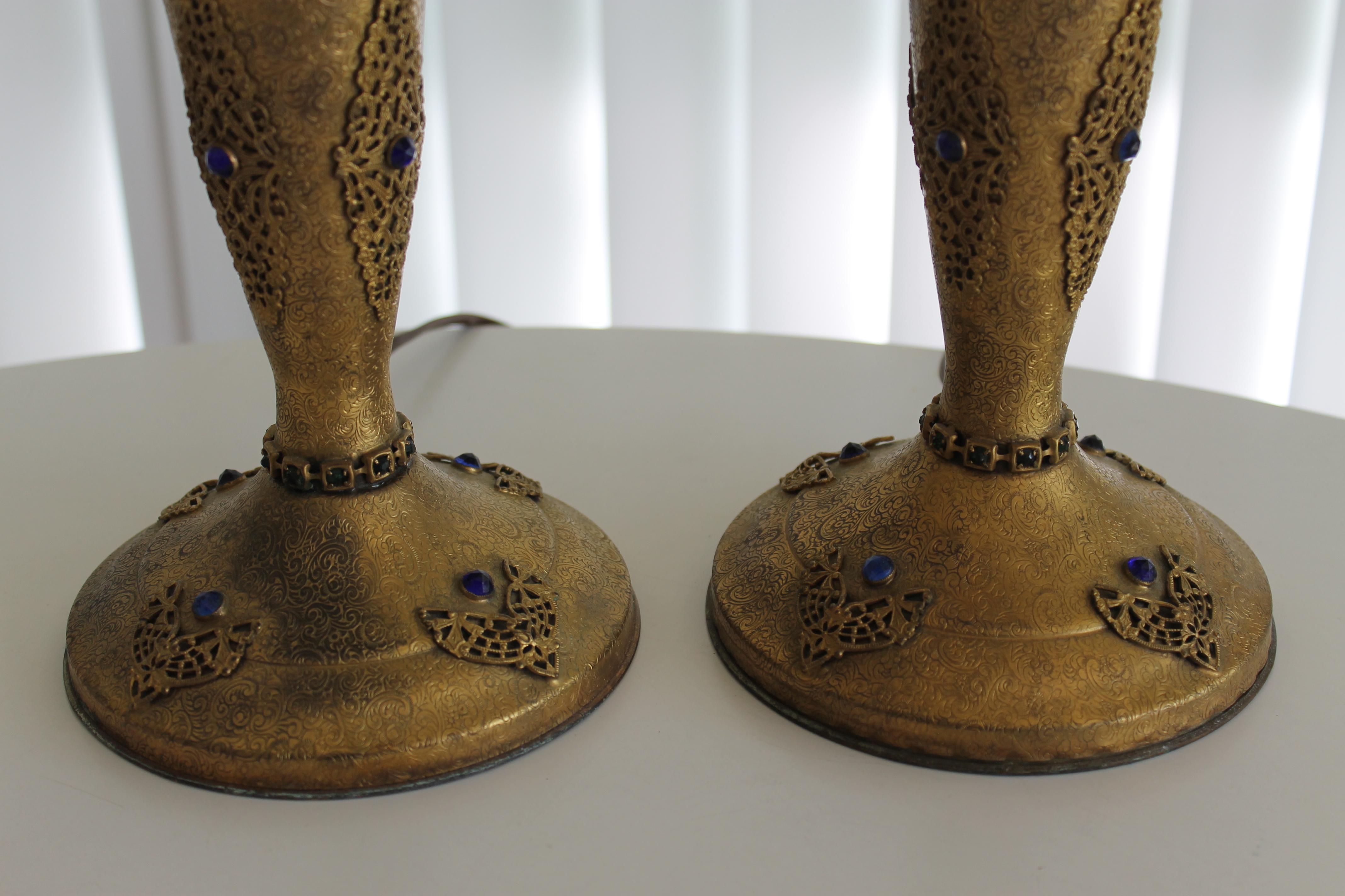 Pair of Art Deco Jeweled Bronze Lamps, Apollo Studios 5