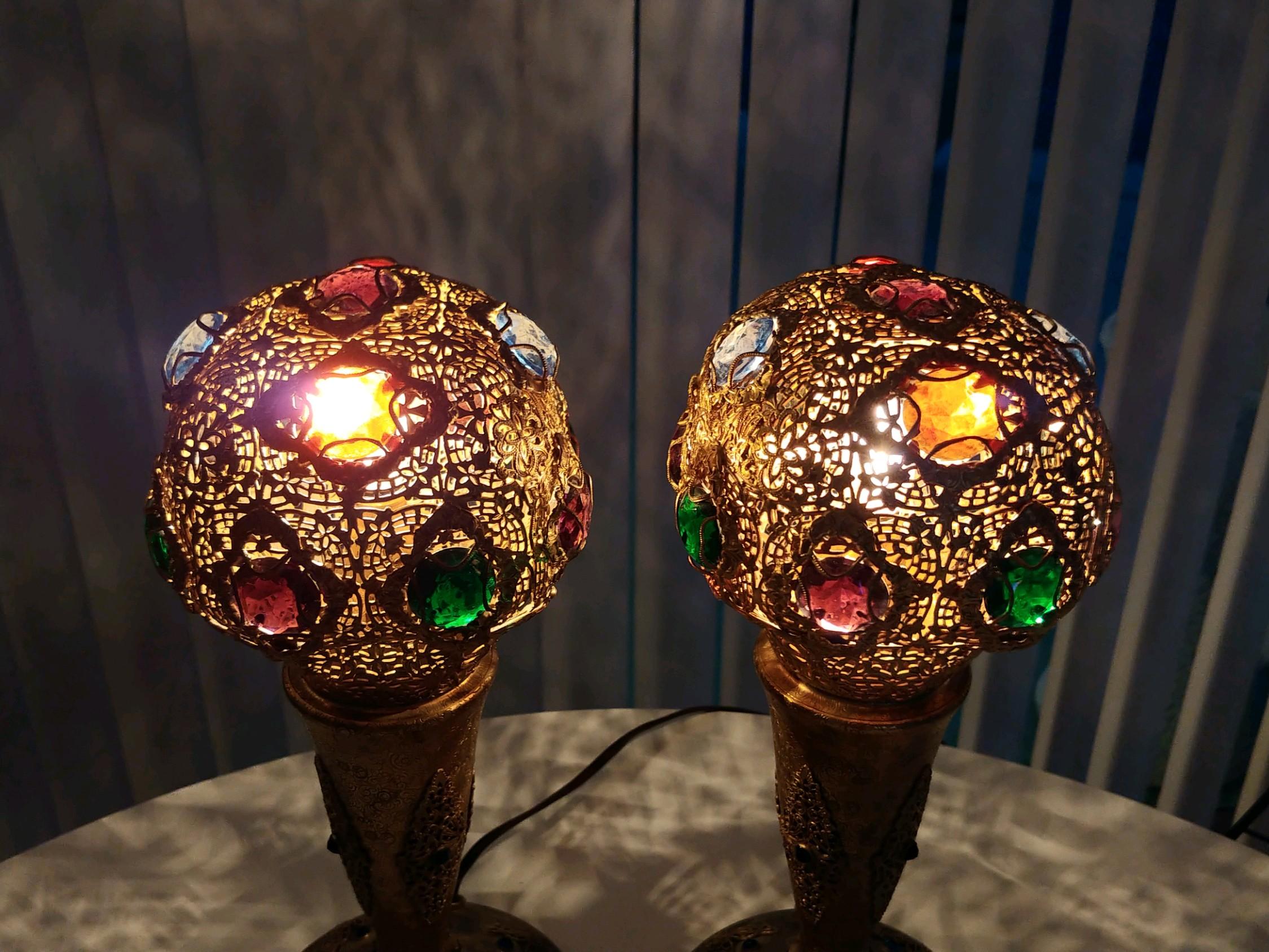 American Pair of Art Deco Jeweled Bronze Lamps, Apollo Studios