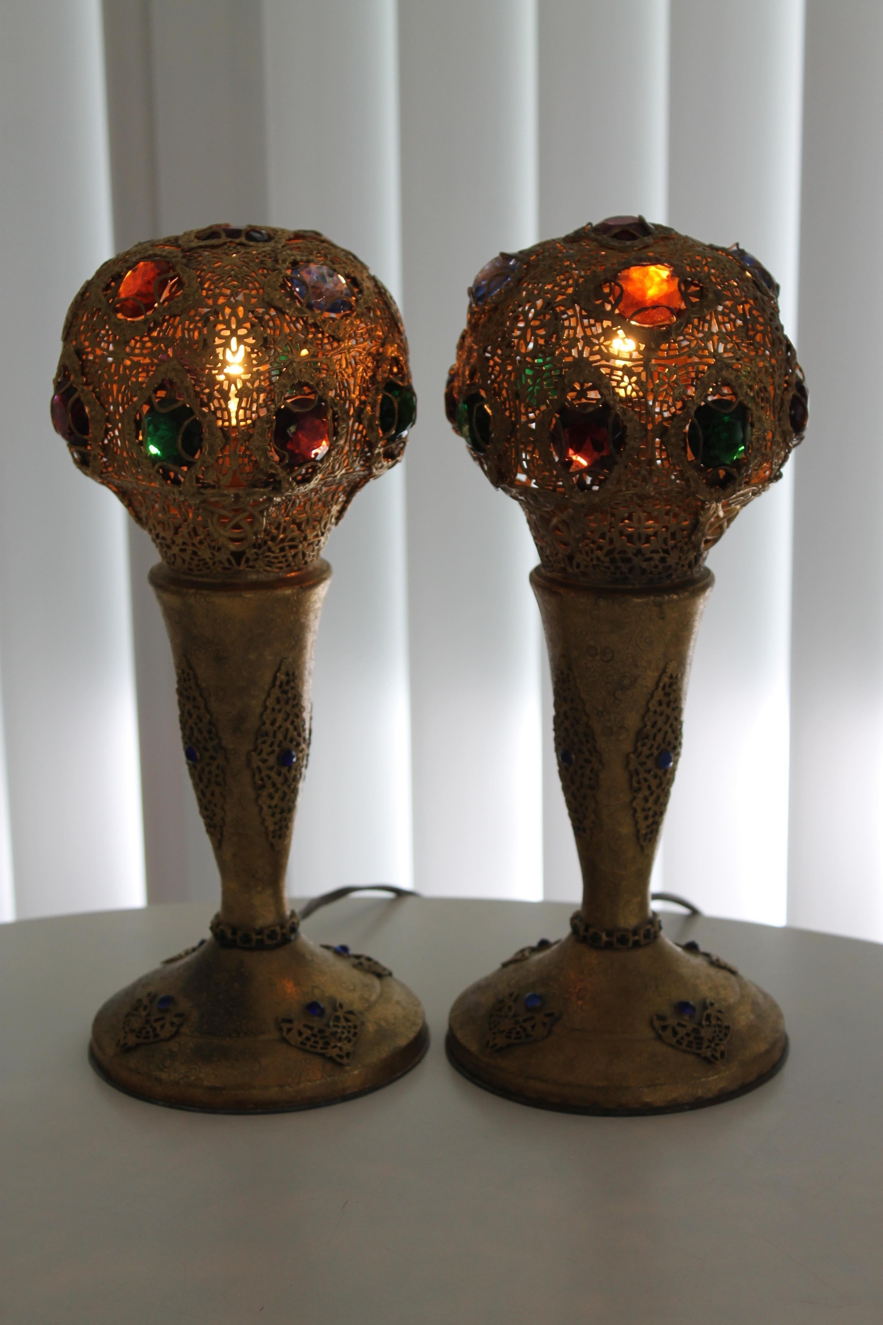 Gilt Pair of Art Deco Jeweled Bronze Lamps, Apollo Studios