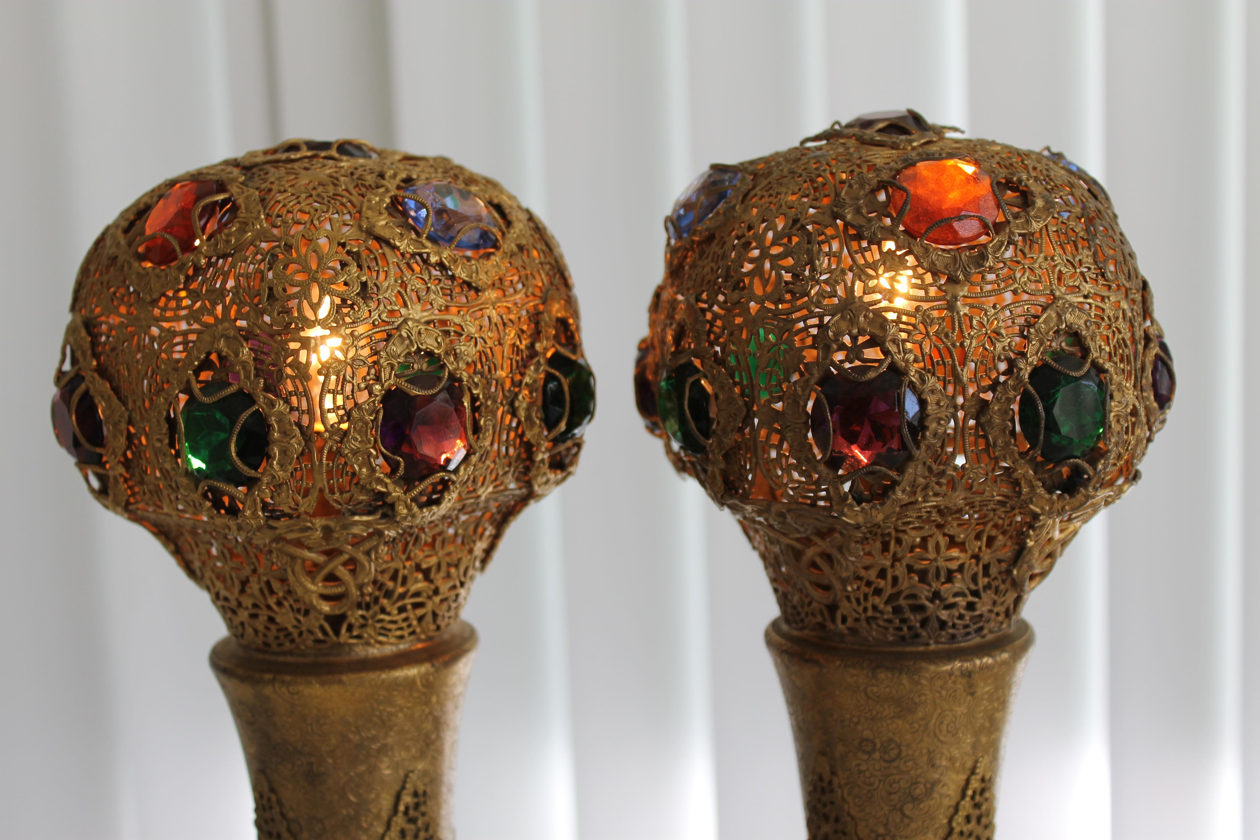 Pair of Art Deco Jeweled Bronze Lamps, Apollo Studios In Good Condition In Palm Springs, CA