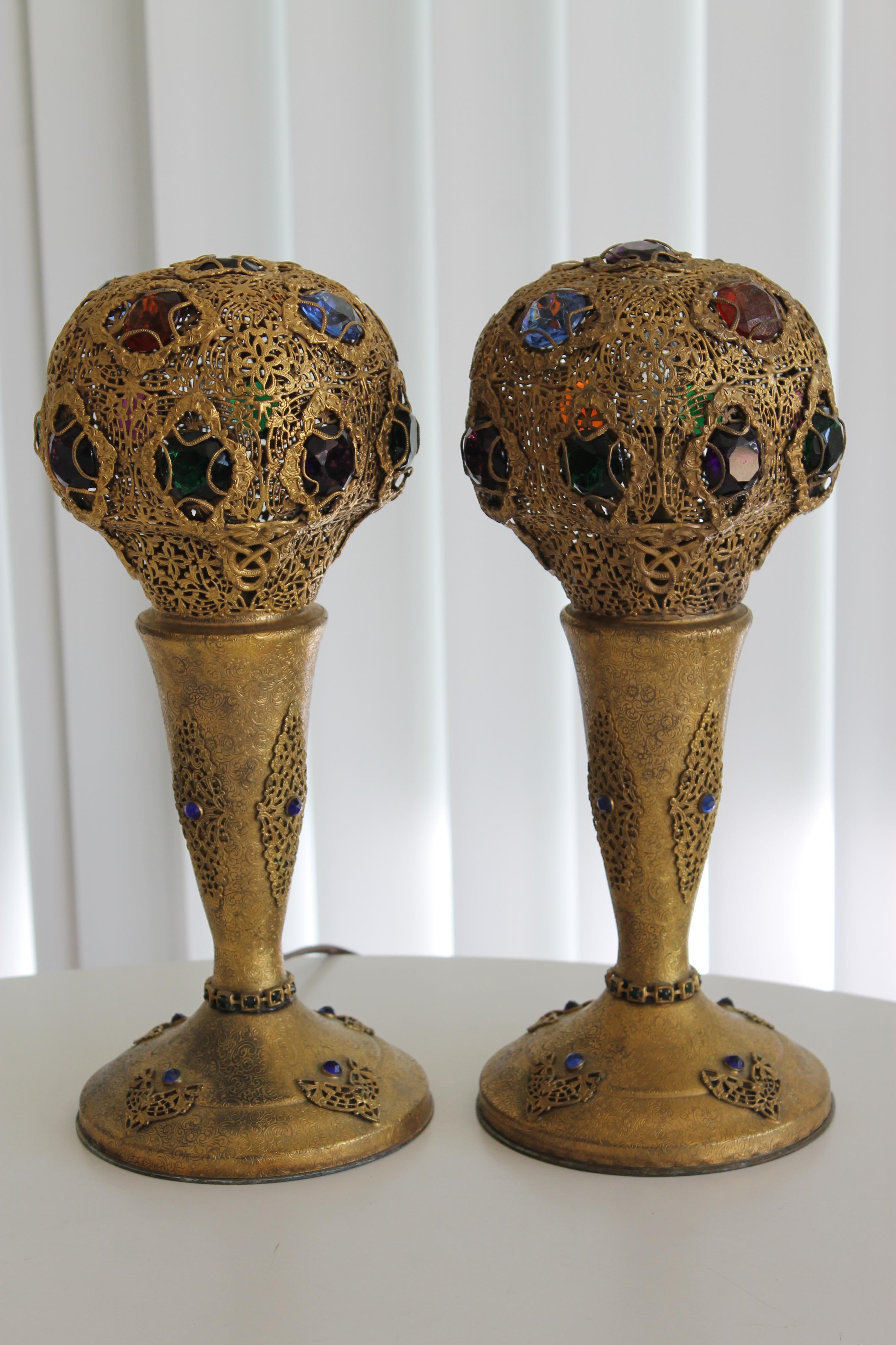 Mid-20th Century Pair of Art Deco Jeweled Bronze Lamps, Apollo Studios