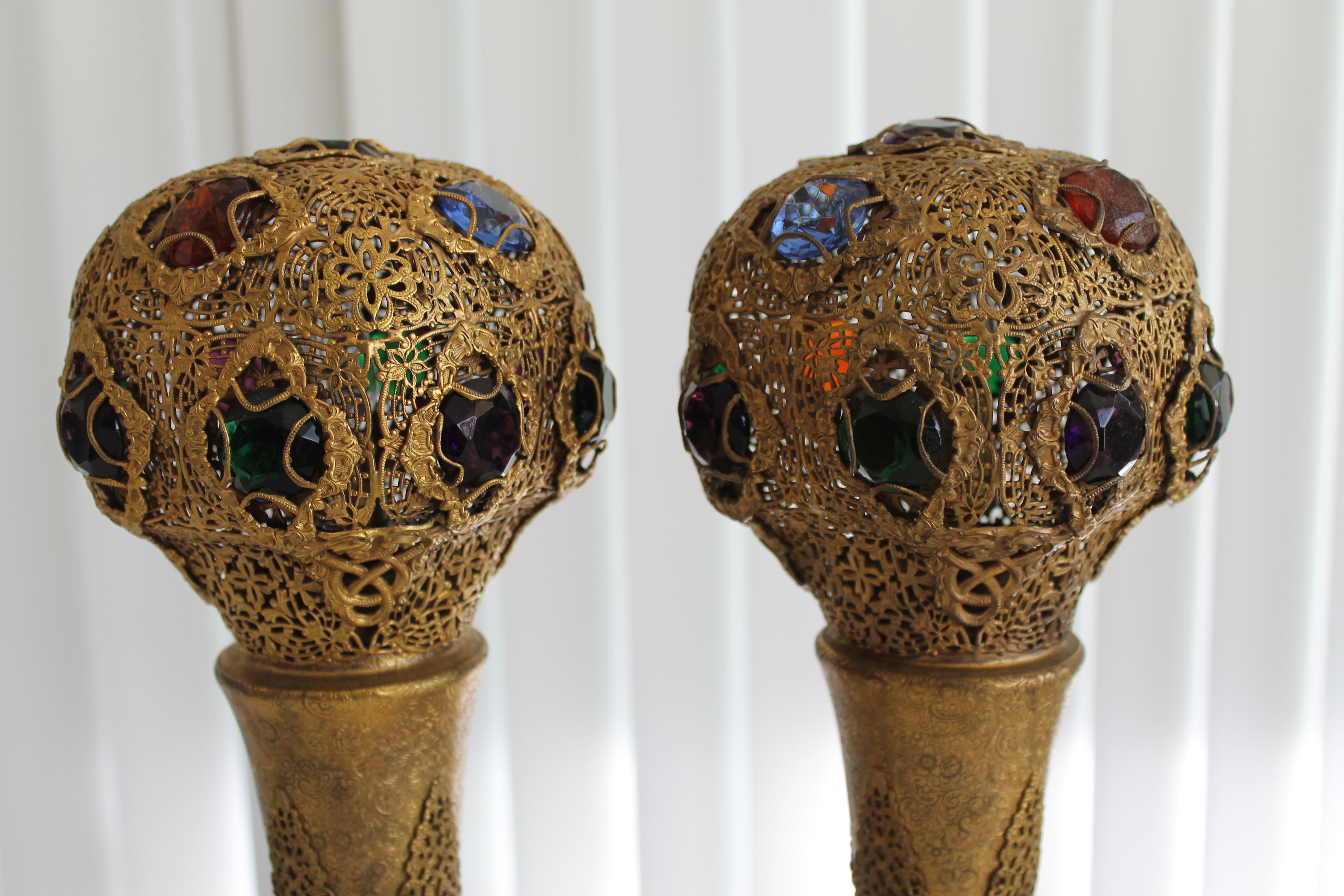 Pair of Art Deco Jeweled Bronze Lamps, Apollo Studios 1