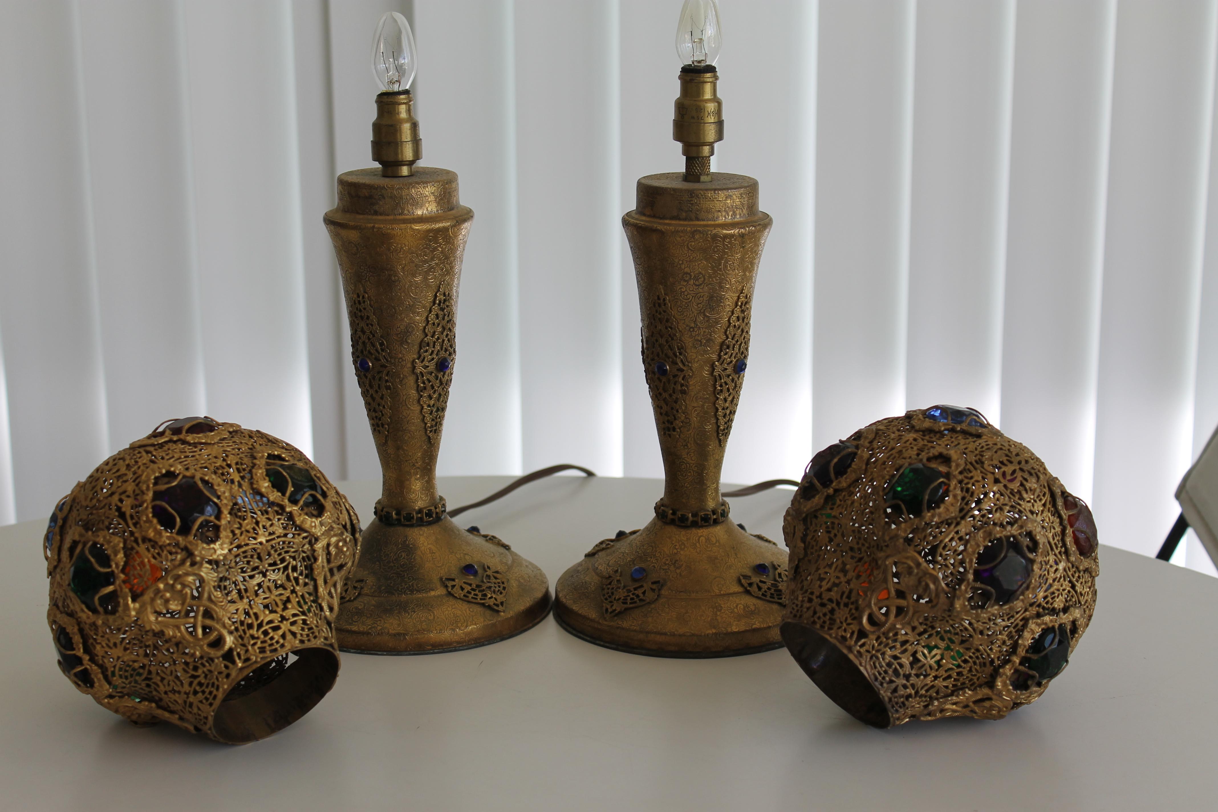 Pair of Art Deco Jeweled Bronze Lamps, Apollo Studios 2