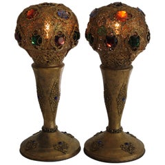 Pair of Art Deco Jeweled Bronze Lamps, Apollo Studios