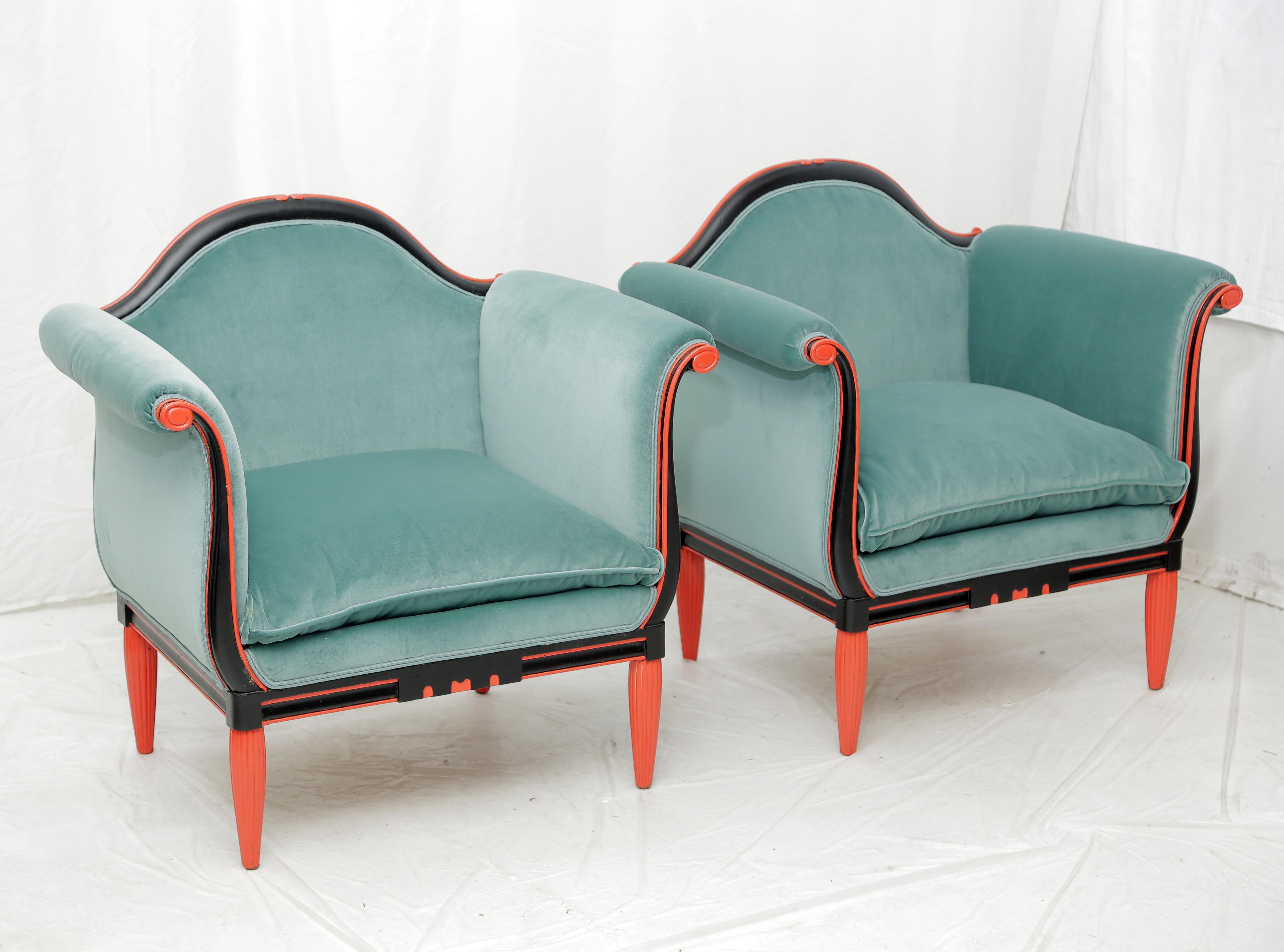 Pair of Art Deco Lacquered Turquoise Green Velvet French Bergeres by Paul Follot In Excellent Condition In Miami, FL
