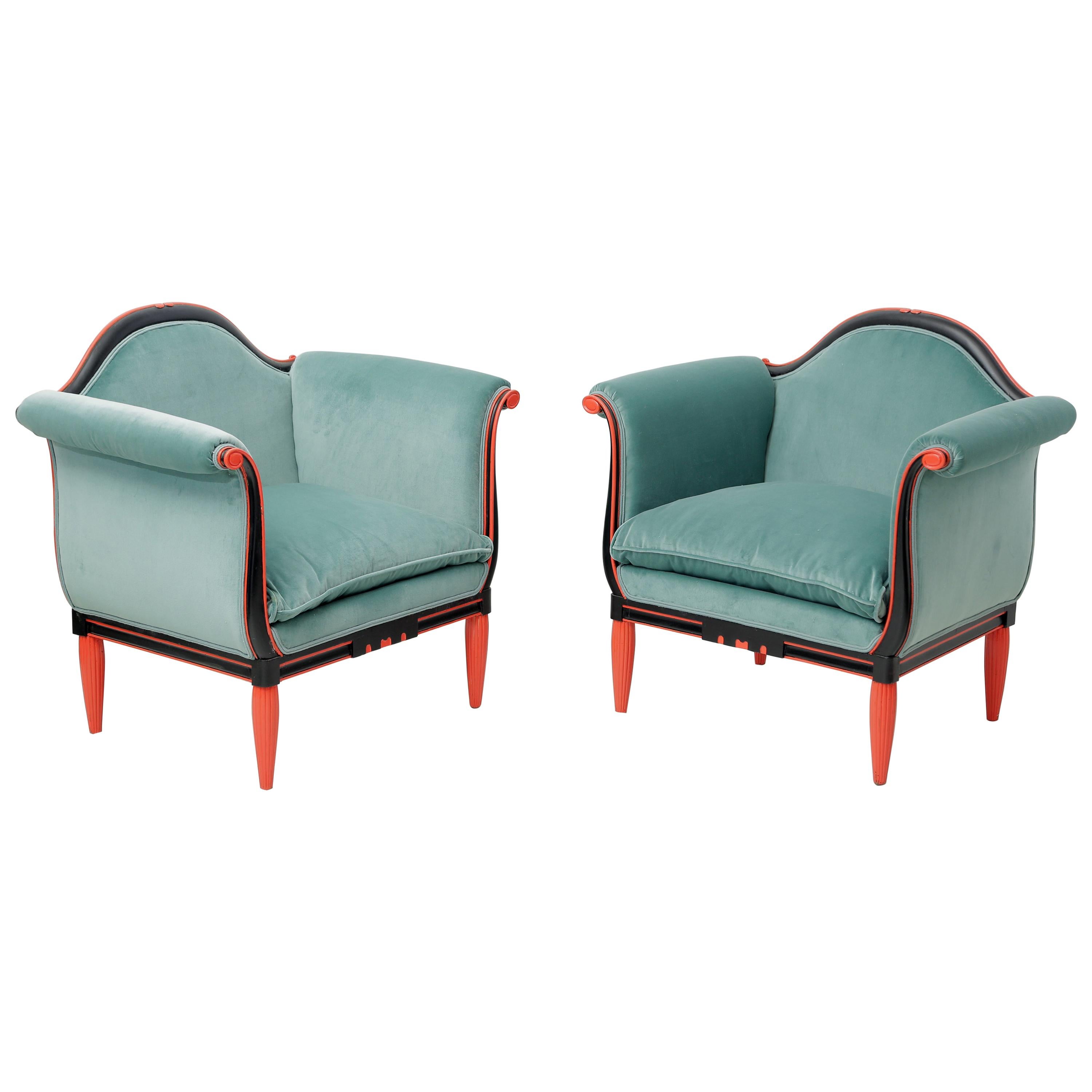 Pair of Art Deco Lacquered Turquoise Green Velvet French Bergeres by Paul Follot