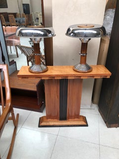 Pair of Art Deco Lamp in Chrome and Wood, France, 1920