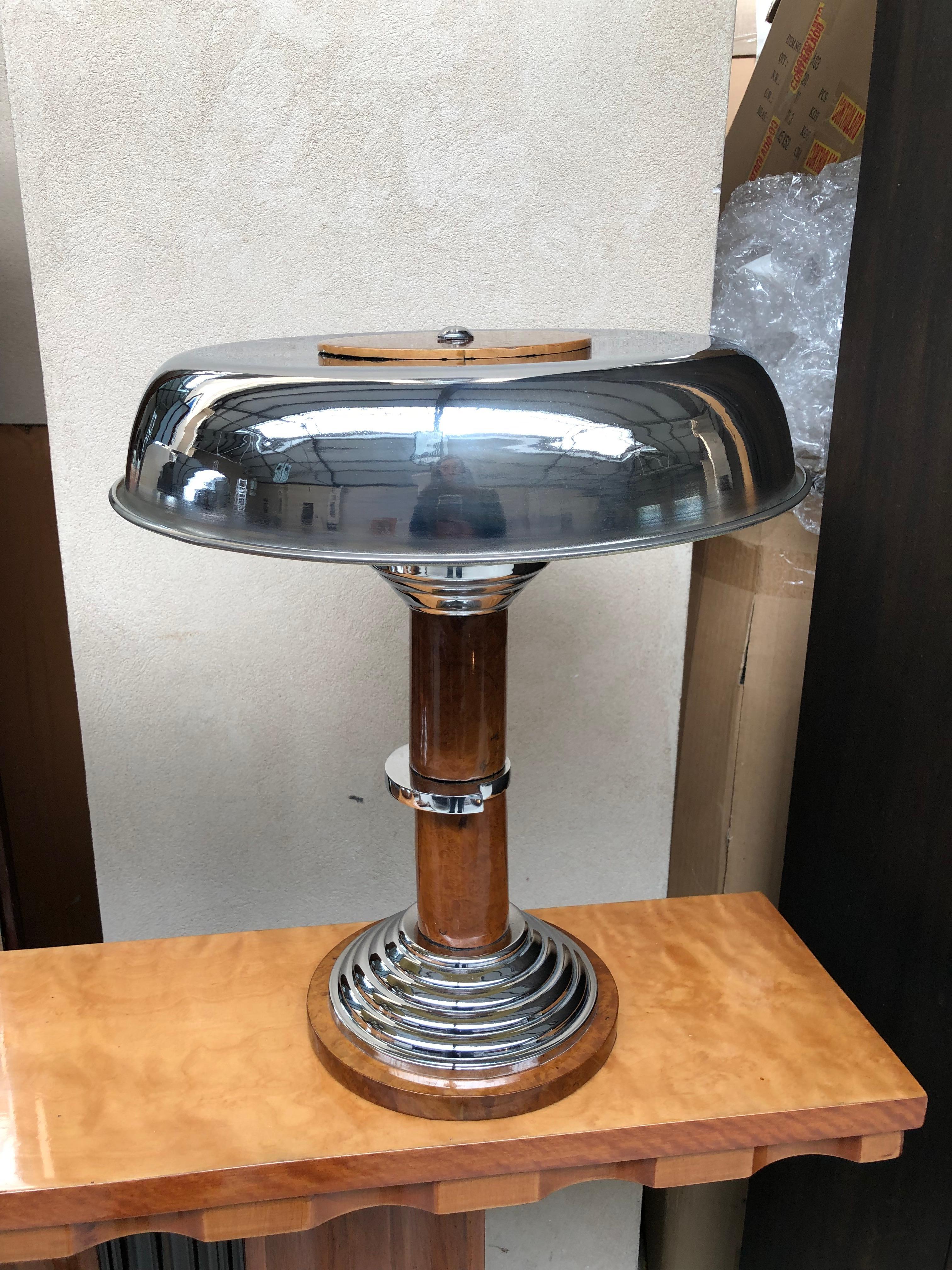 Early 20th Century Pair of Art Deco Lamp in Chrome and Wood, France, 1920 For Sale