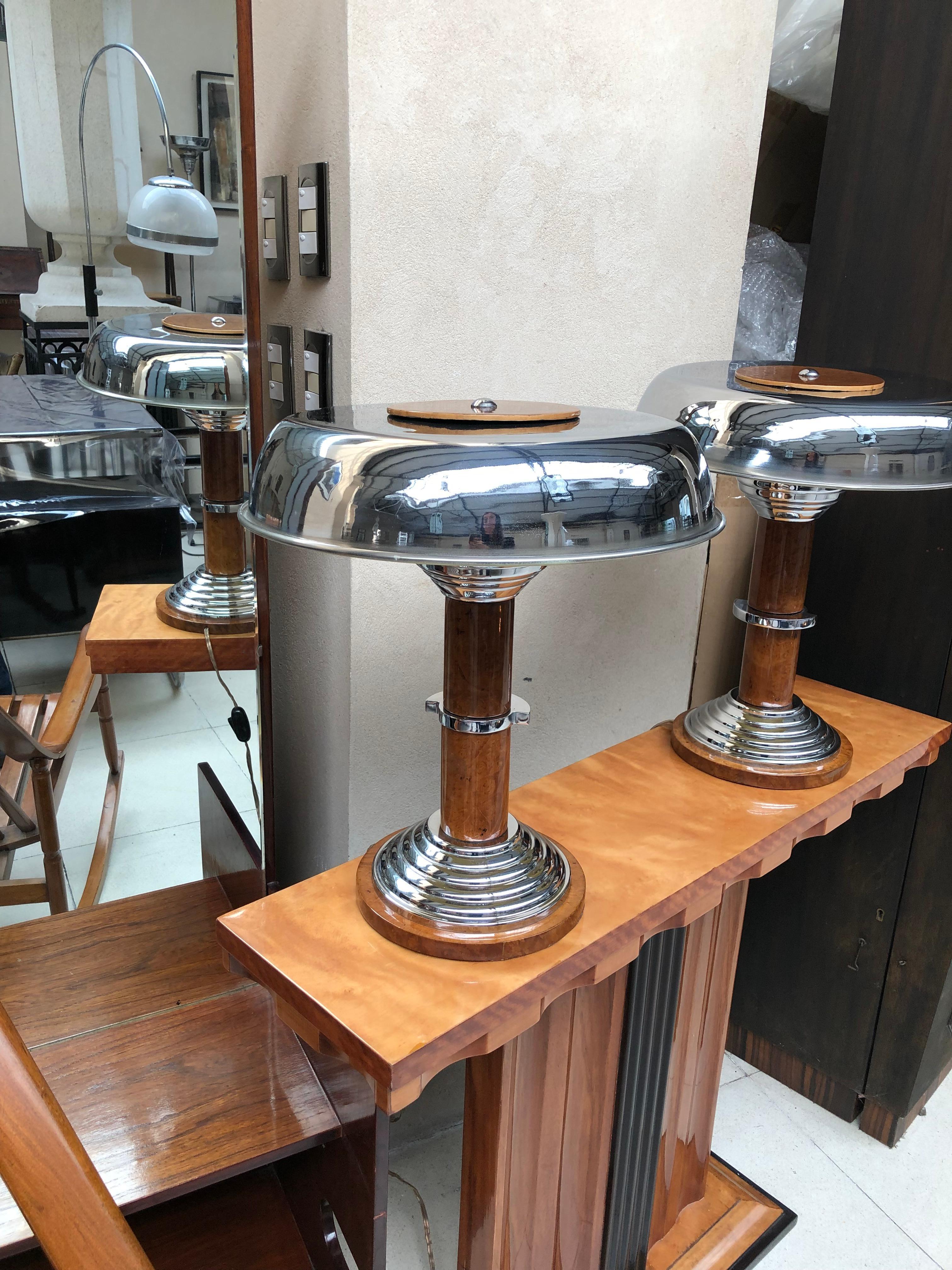 Pair of Art Deco Lamp in Chrome and Wood, France, 1920 For Sale 3
