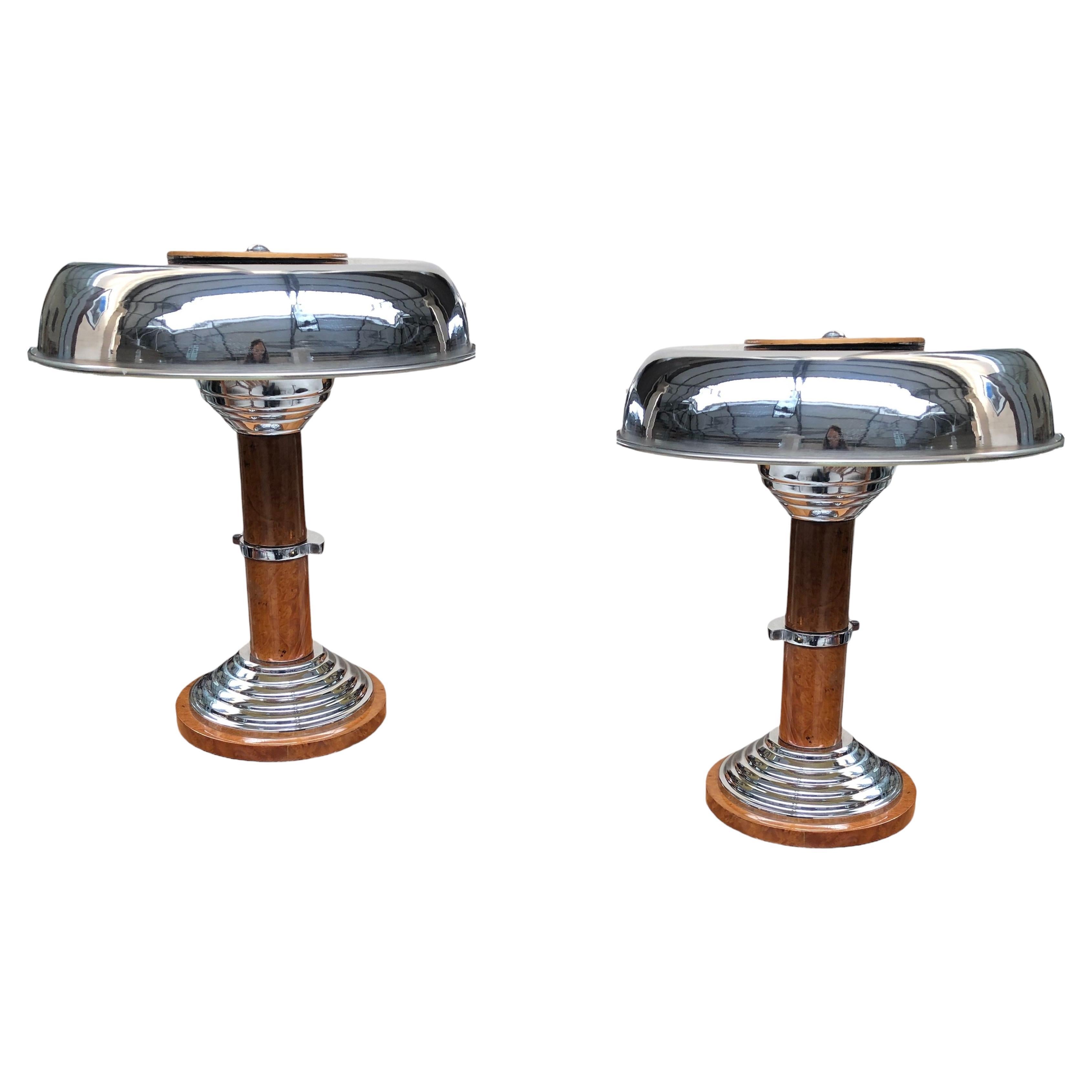 Pair of Art Deco Lamp in Chrome and Wood, France, 1920 For Sale
