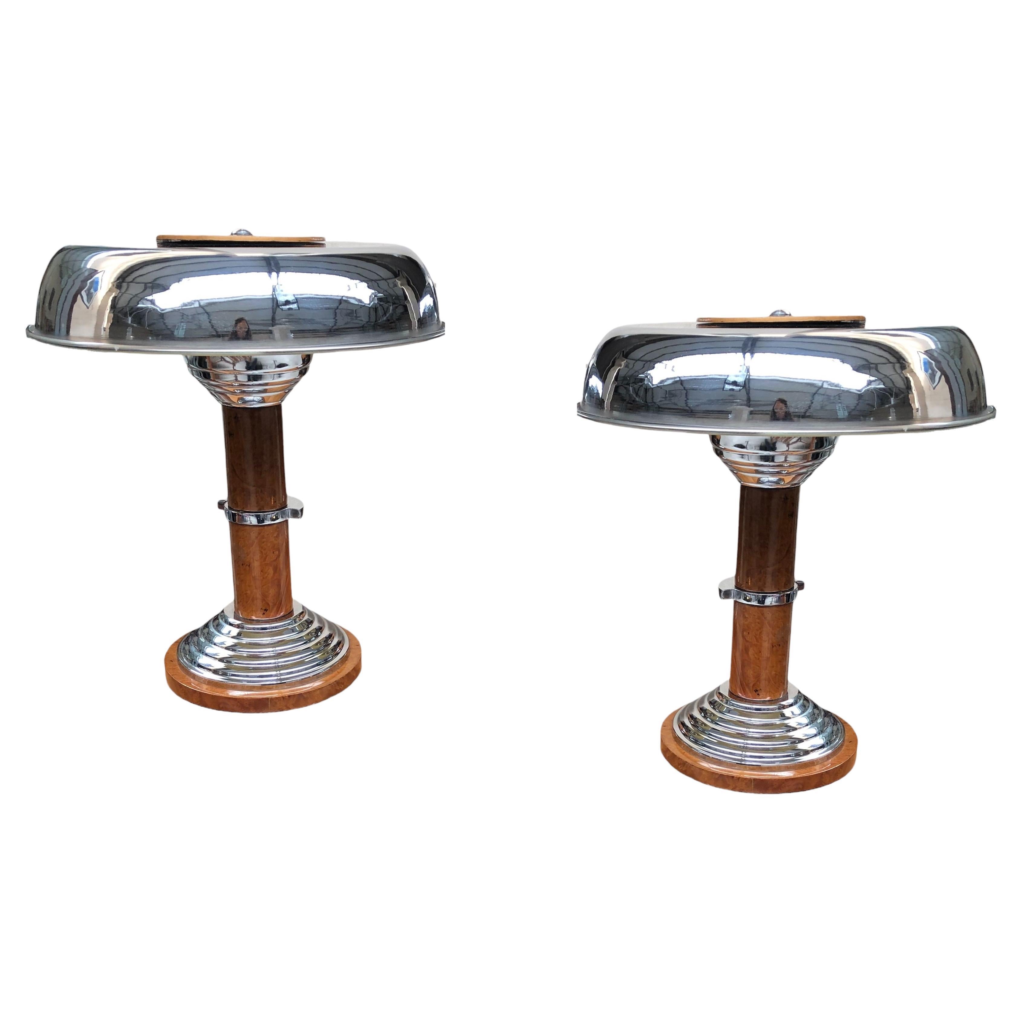 Pair of Art Deco Lamp in Chrome and Wood, France, 1920 For Sale