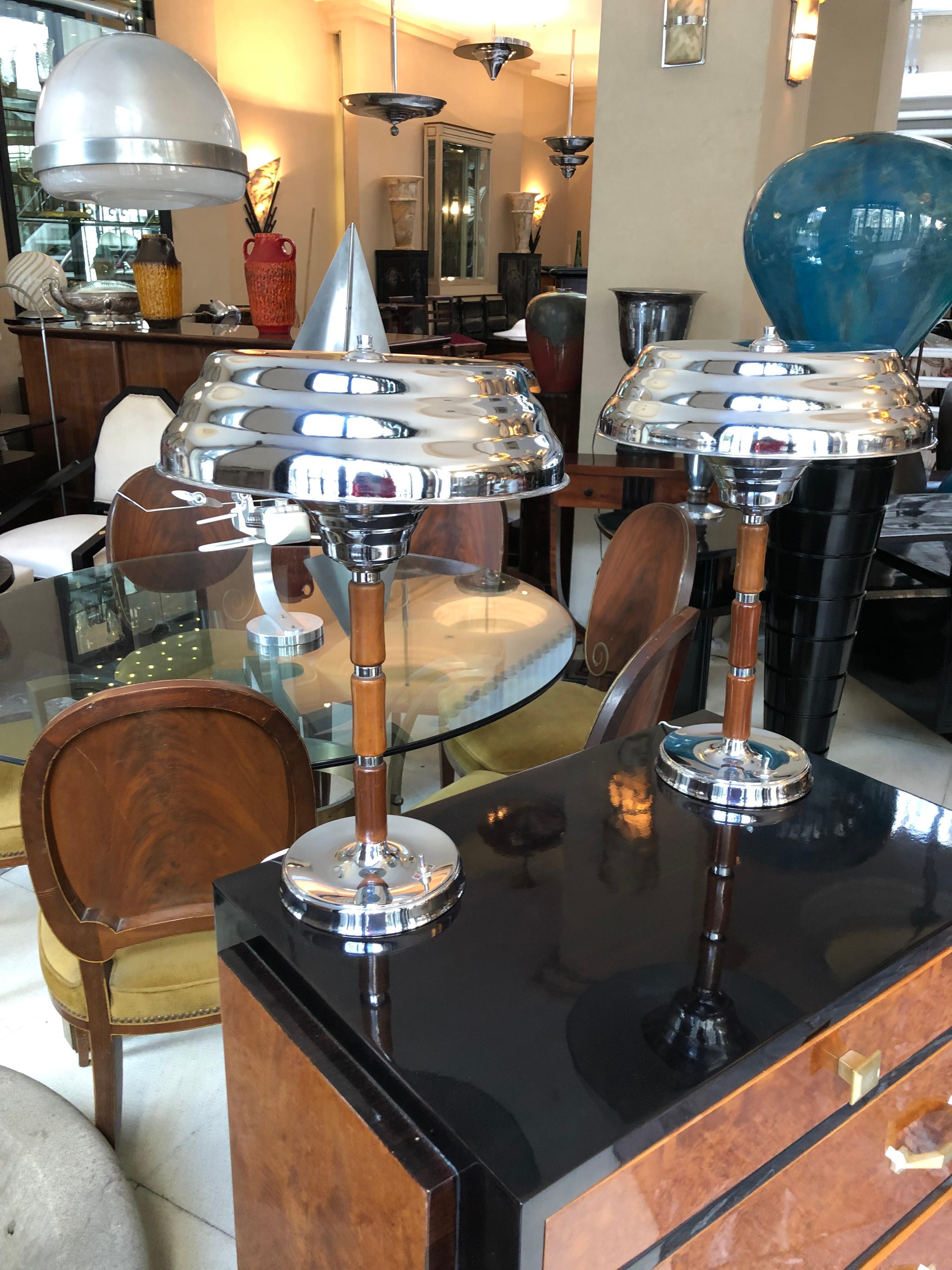 Pair of Art Deco Lamp in Chrome and Wood, France, 1930 For Sale 8