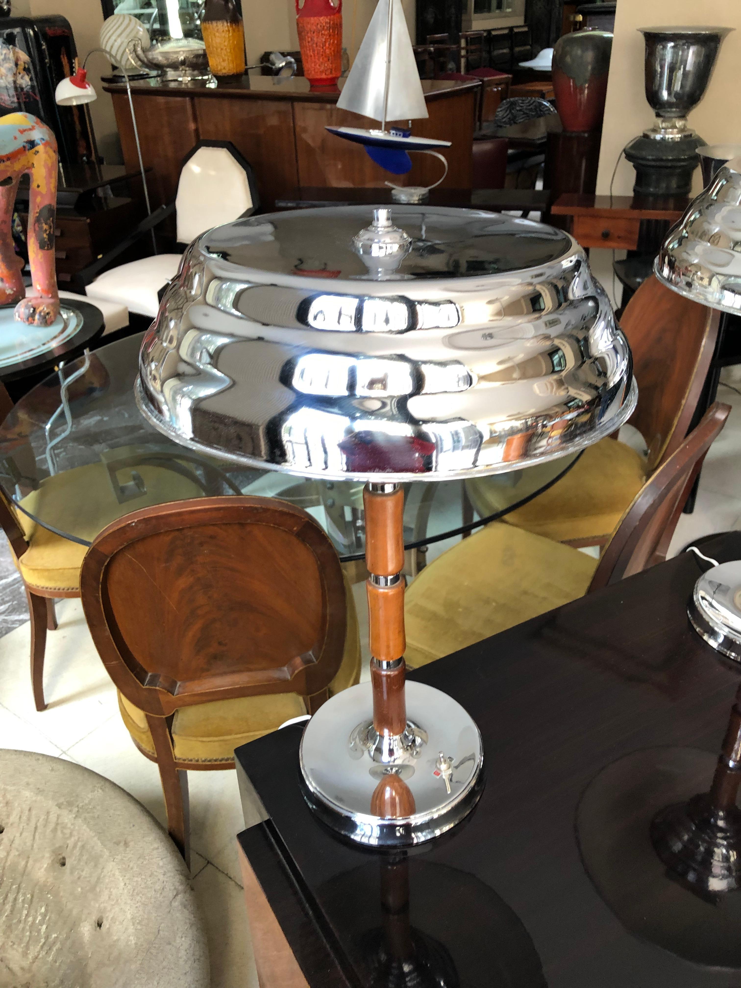 Pair of Art Deco Lamp in Chrome and Wood, France, 1930 For Sale 2