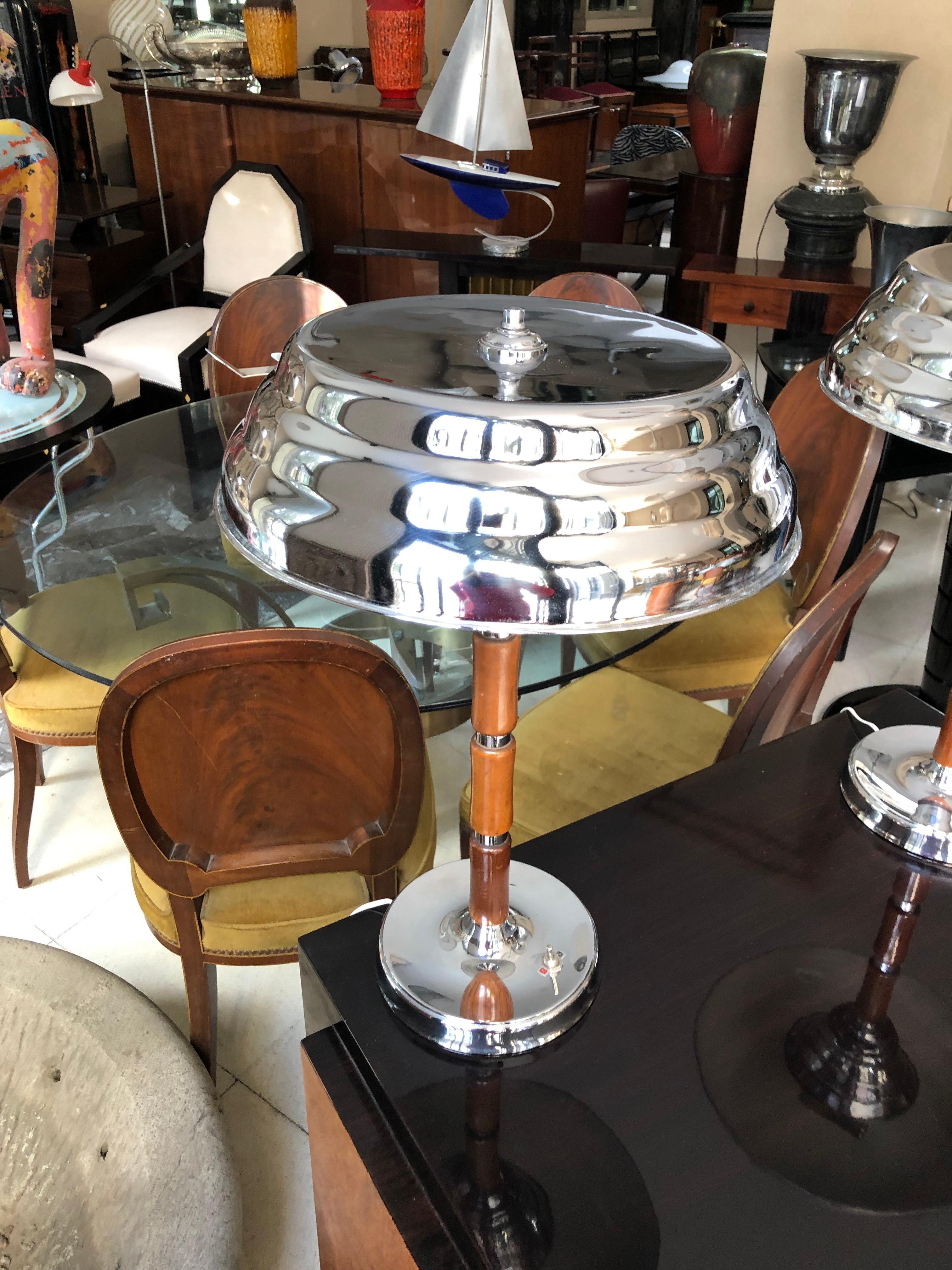 Pair of Art Deco Lamp in Chrome and Wood, France, 1930 For Sale 3