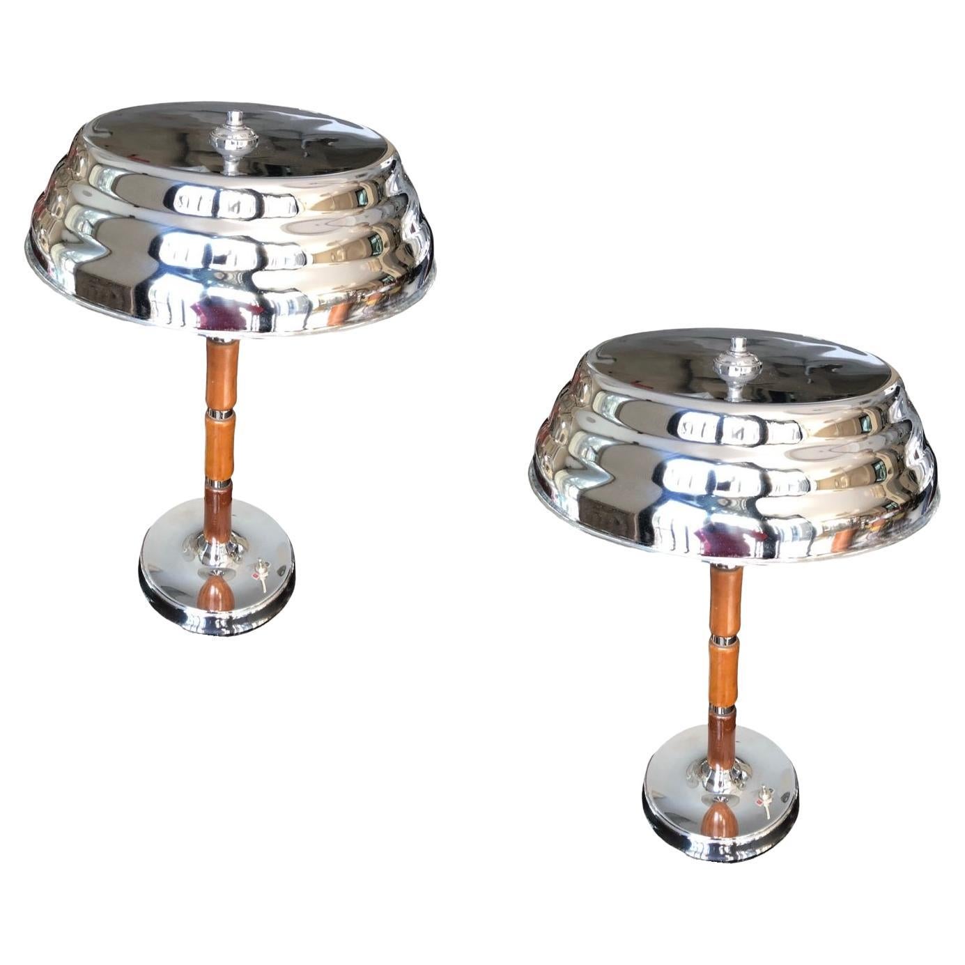 Pair of Art Deco Lamp in Chrome and Wood, France, 1930 For Sale