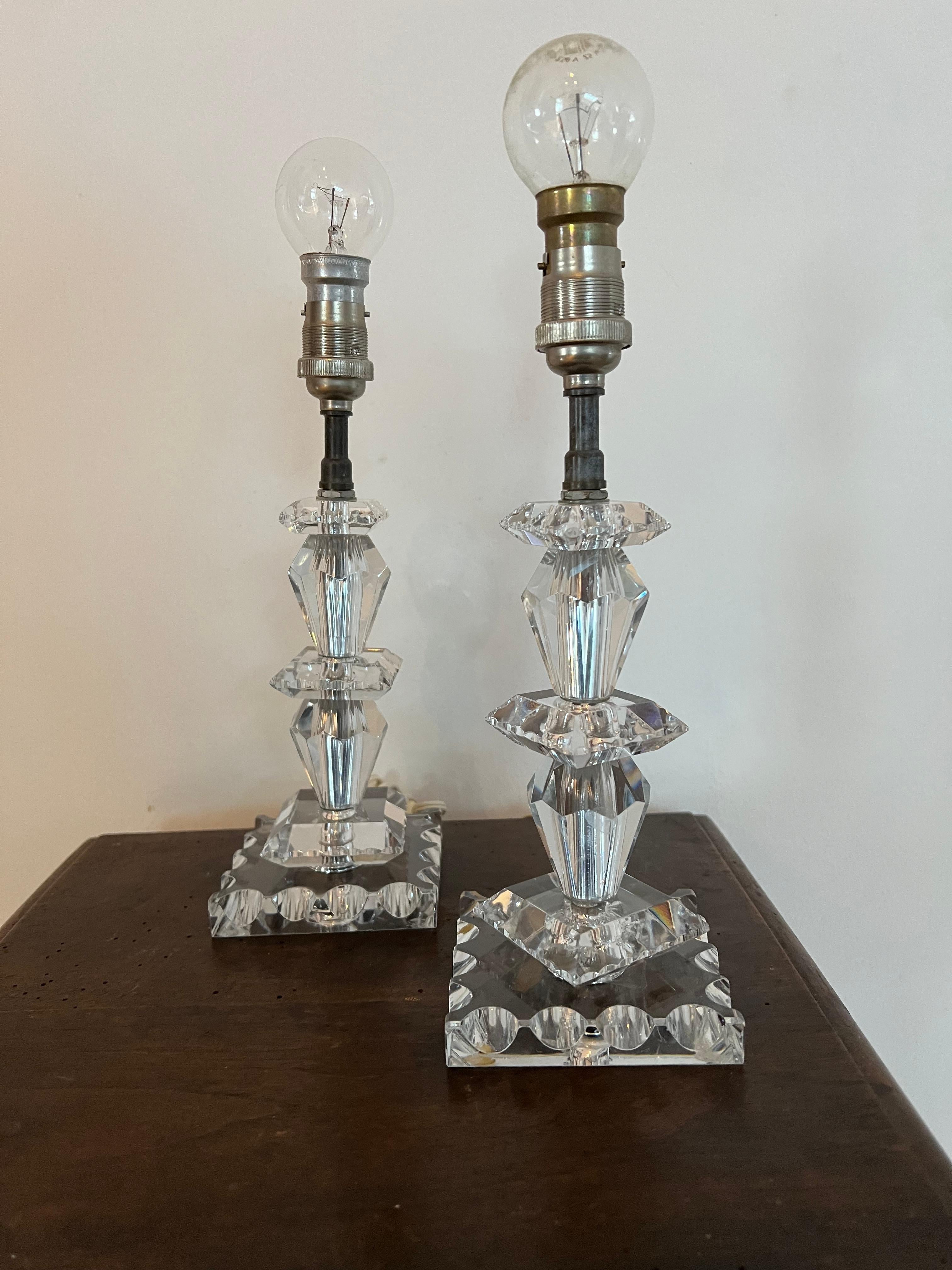 French Pair of Art Deco Lamps by Baccarat, France circa 1940, Attr. to Jacques Adnet For Sale