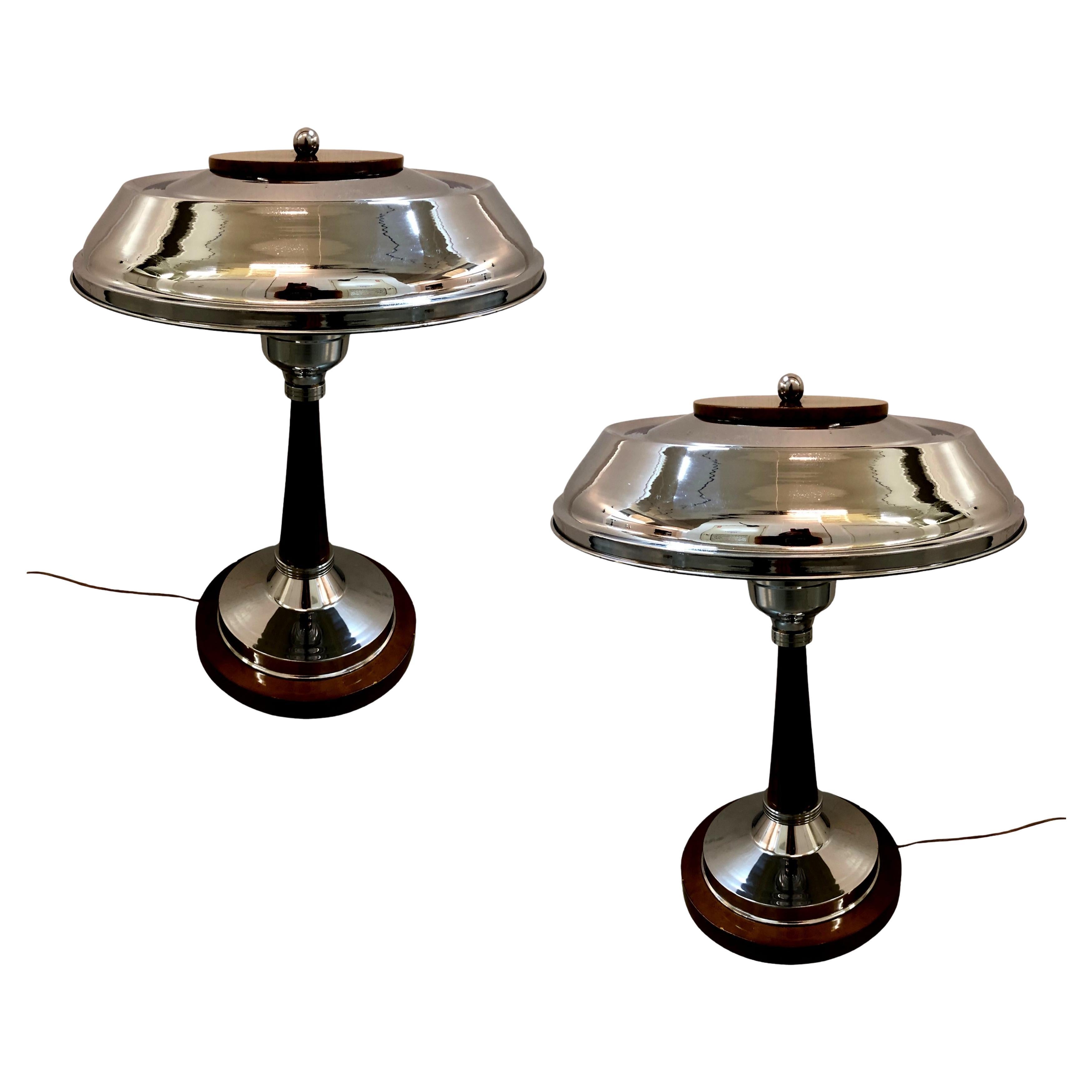 Pair of Art Deco Lamps in Walnut Wood and chrome, 1930, France For Sale