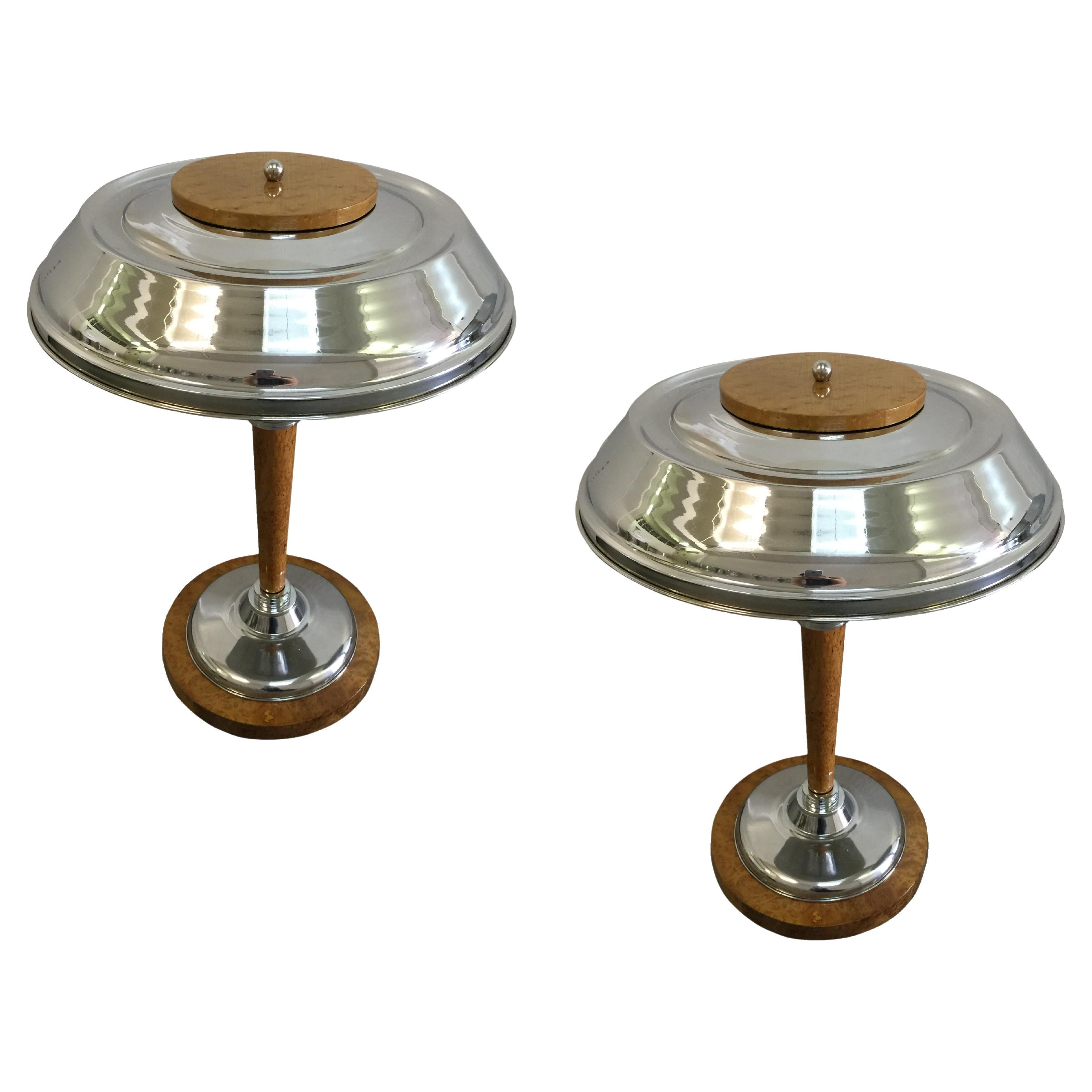 Pair of Art Deco Lamps in wood and chrome, 1930, France
