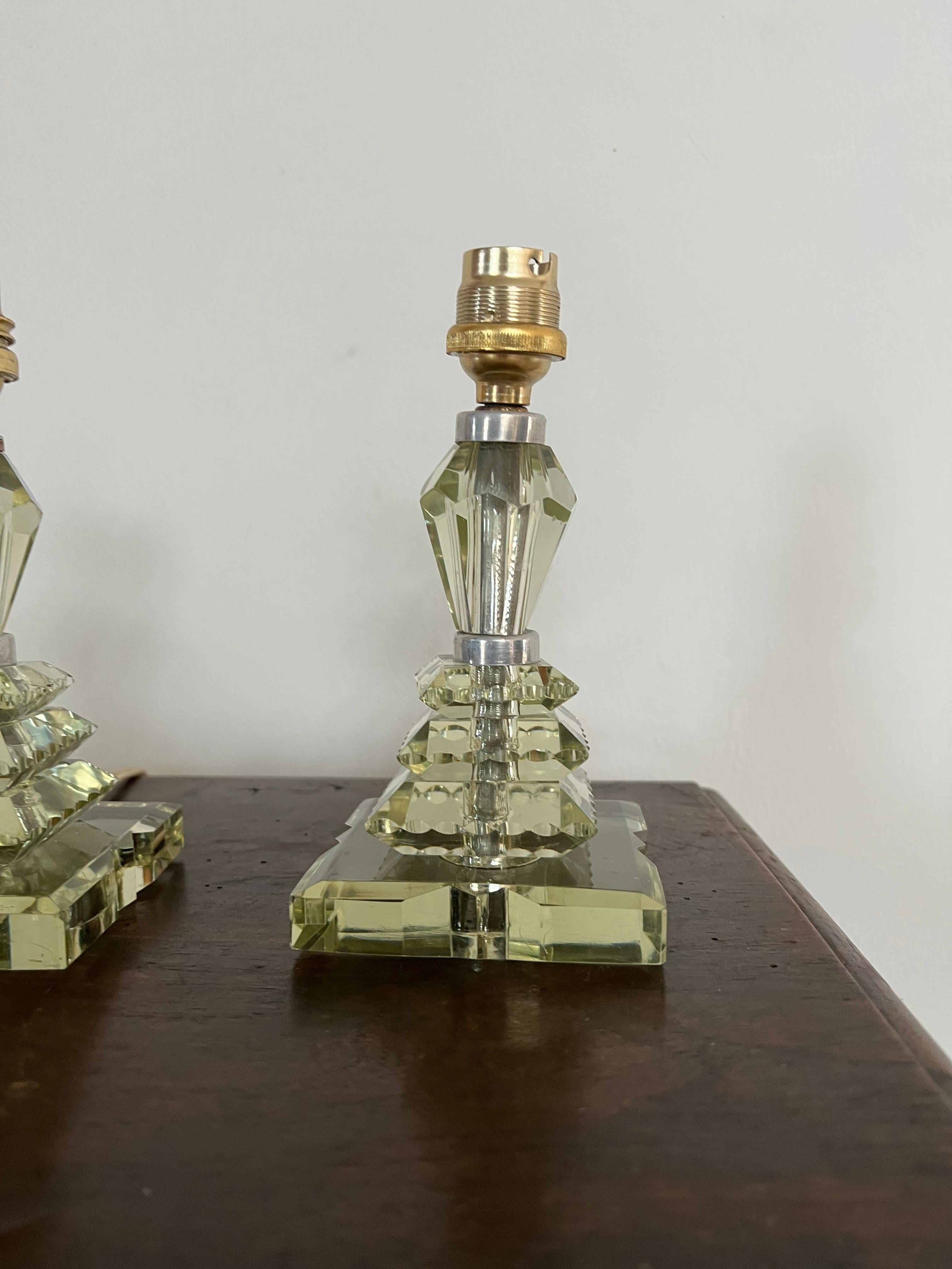 French Pair of Art Deco Lamps ITSO Baccarat and Jacques Adnet, France circa 1940 For Sale