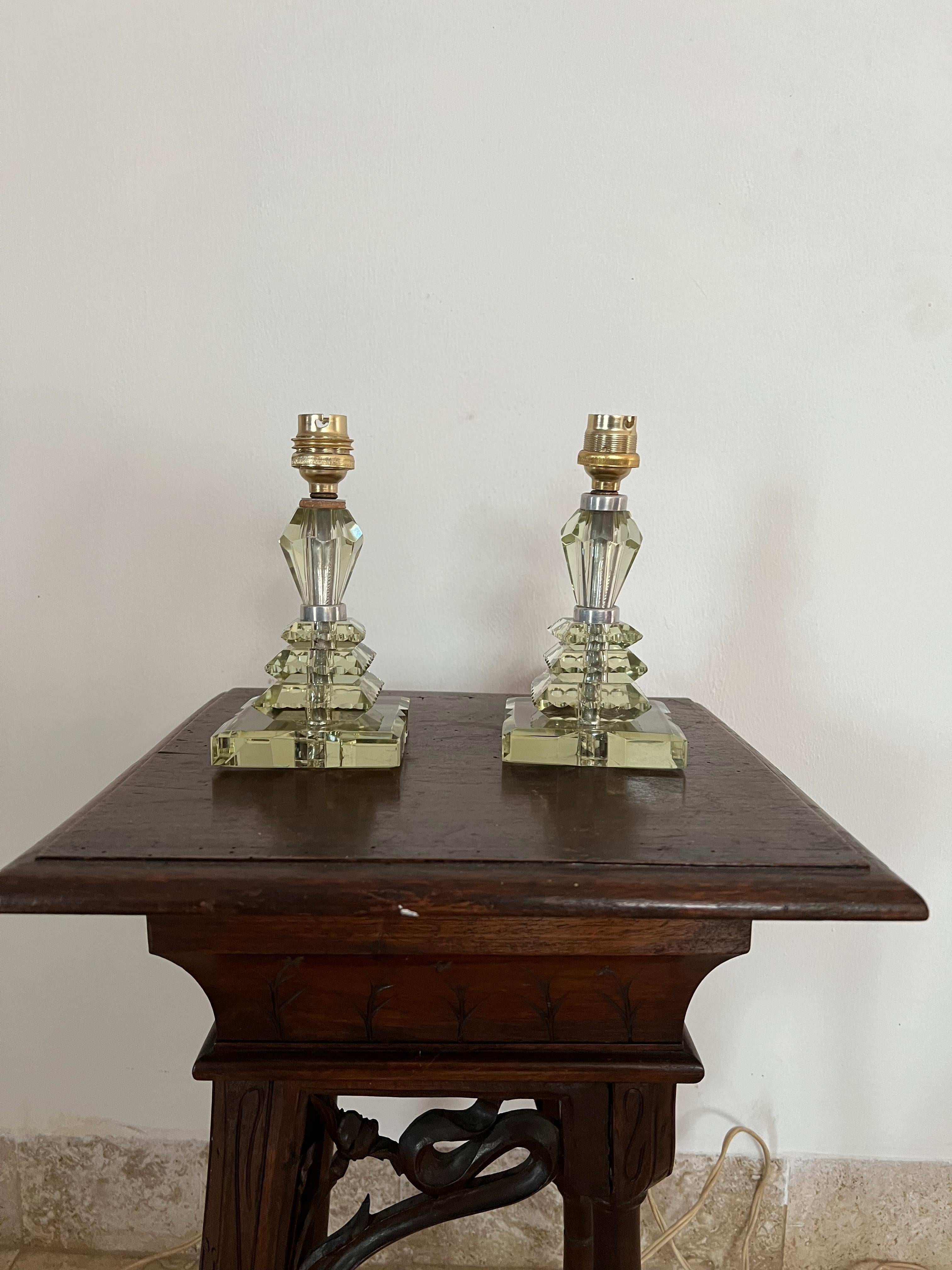 Pair of Art Deco Lamps ITSO Baccarat and Jacques Adnet, France circa 1940 In Good Condition For Sale In Merida, Yucatan