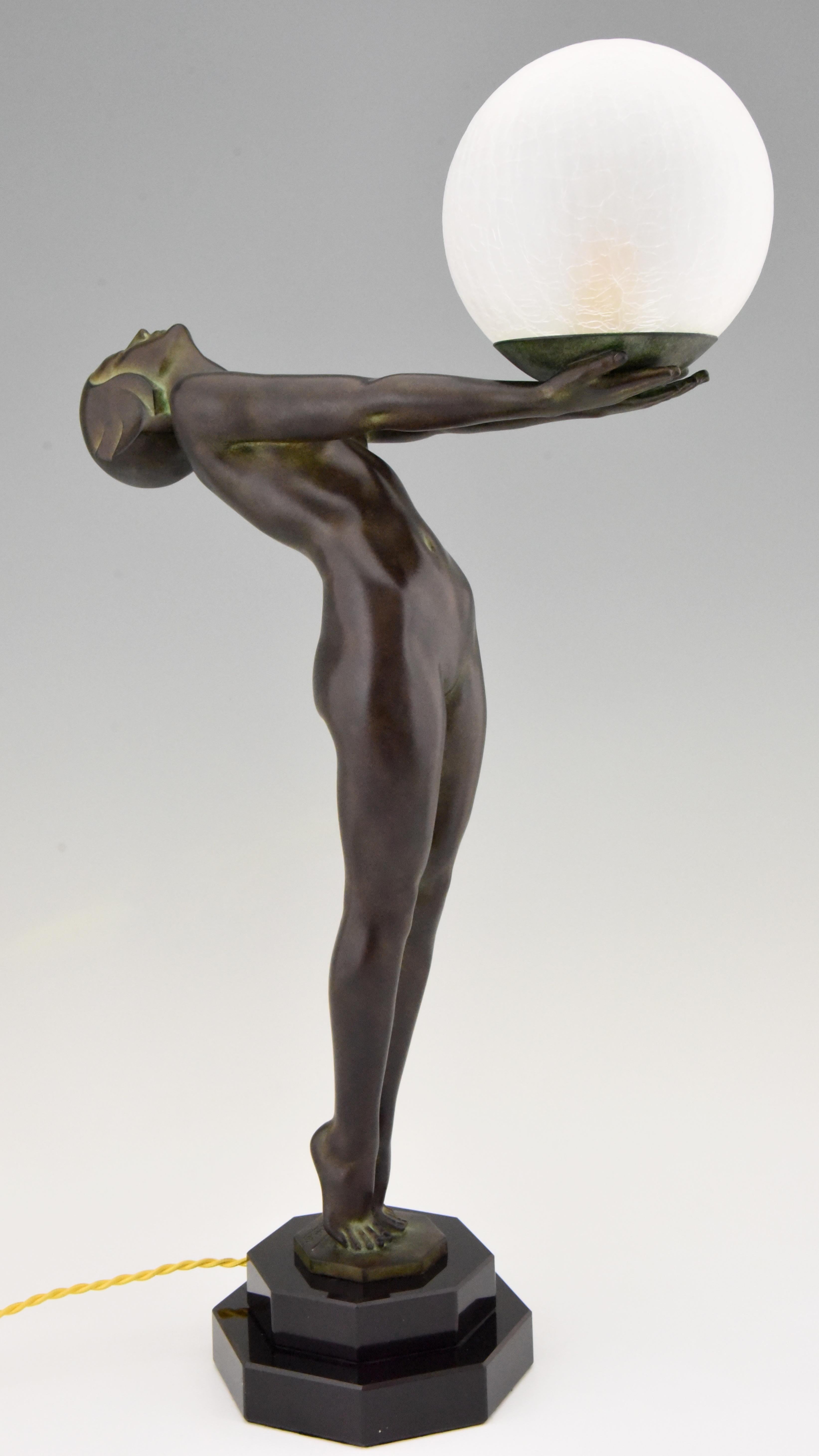 Spelter Pair of Art Deco Style Lamps Lumina Standing Nude Sculpture Max Le Verrier For Sale