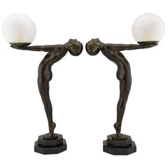 Pair of Art Deco Style Lamps Lumina Standing Nude Sculpture Max Le Verrier