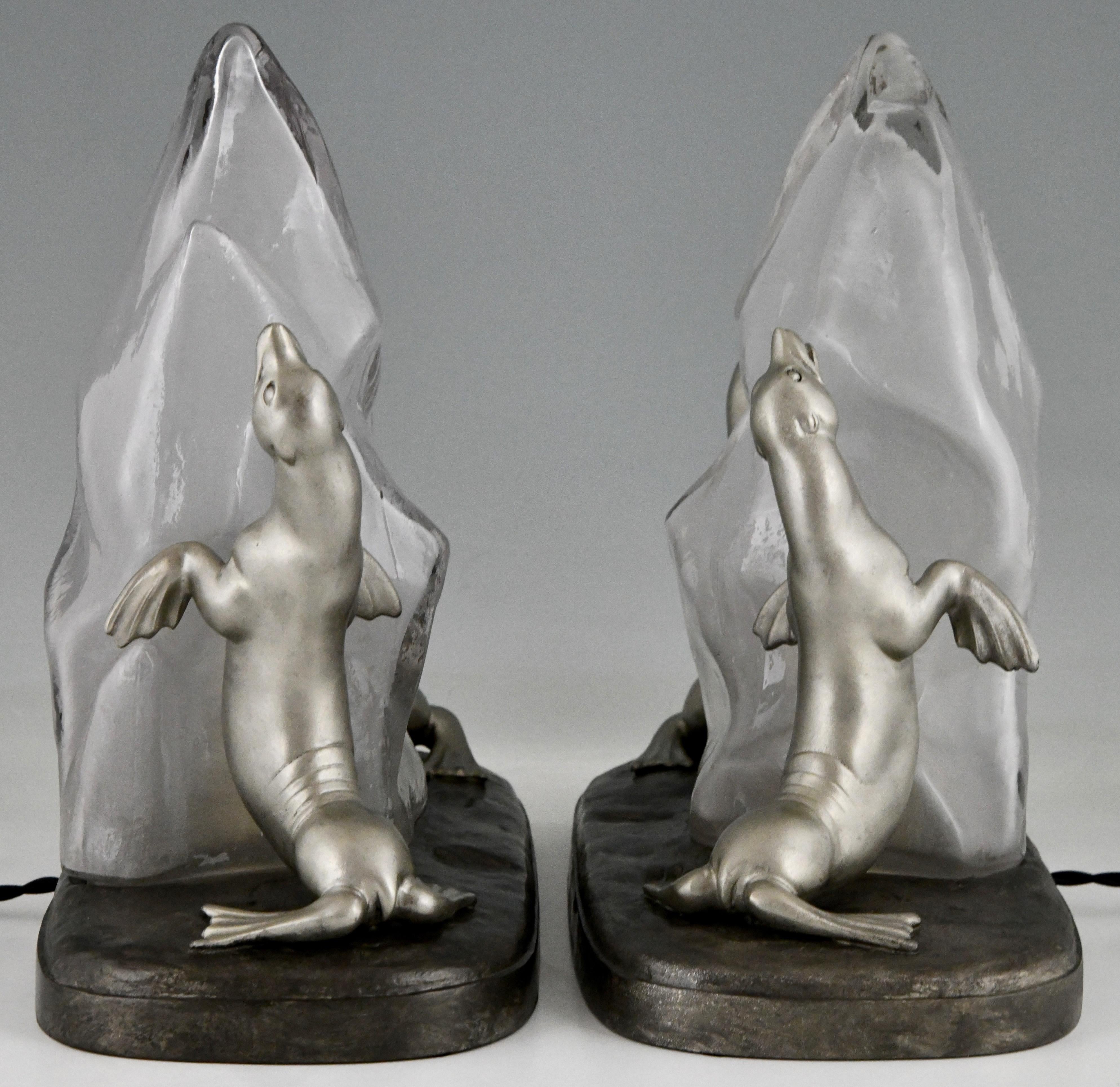 French Pair of Art Deco Lamps with Seals by Louis Albert Carvin, 1930